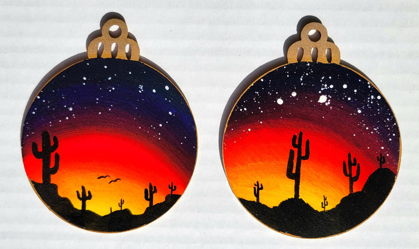 Hand Painted Wood Ornaments "Desert Sunset" Set of 2