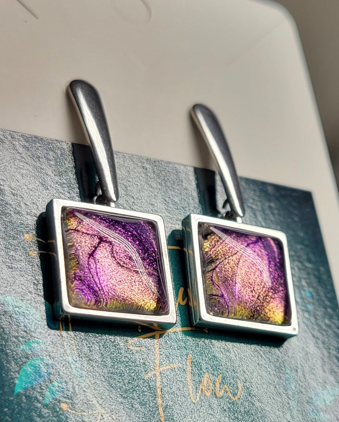 Handmade Fluid Art Colorshifting Square Studded Dangle Earrings.