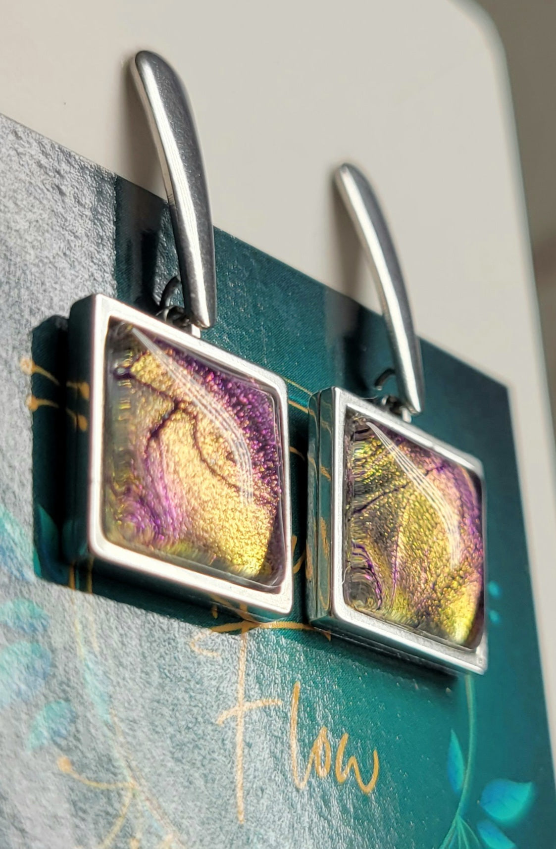 Handmade Fluid Art Colorshifting Square Studded Dangle Earrings.