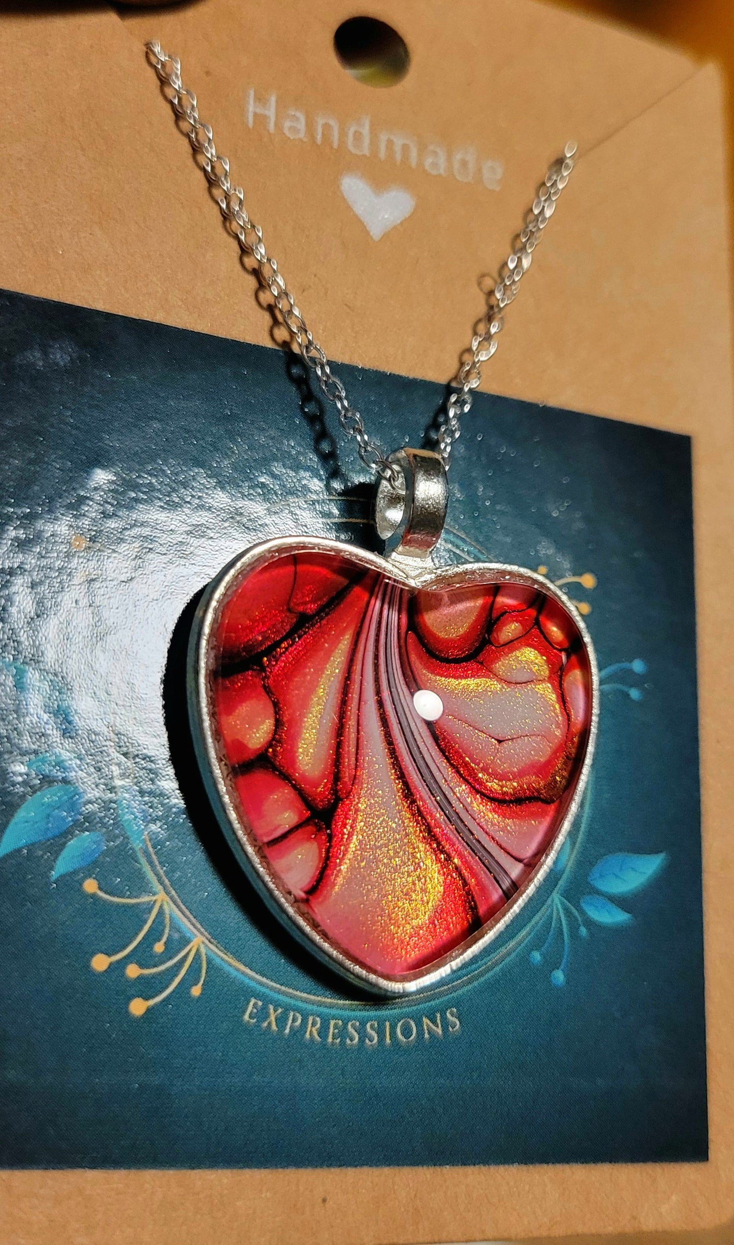 Handmade Fluid Art Heart Pendant with 20 inch Silver chain