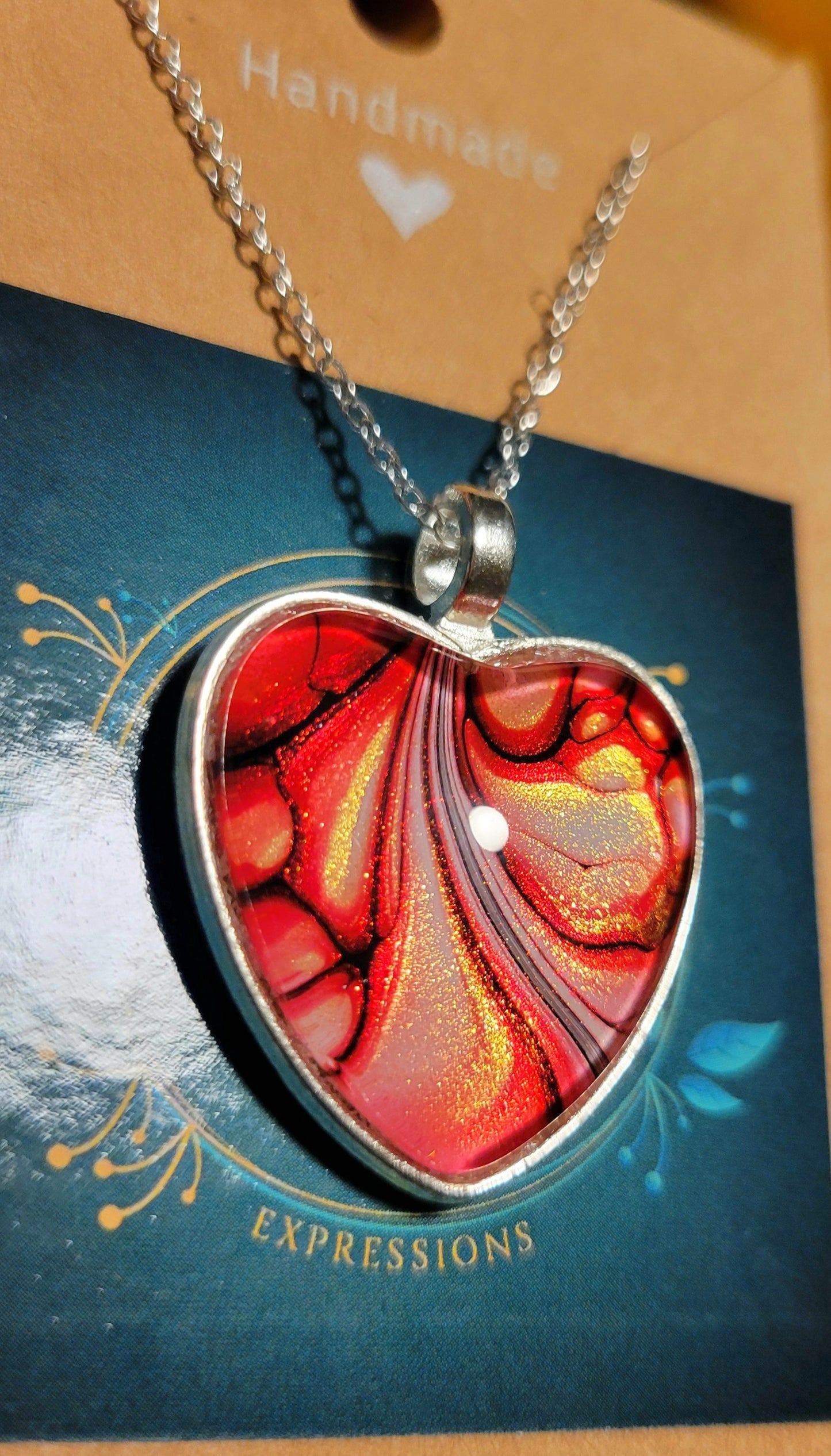 Handmade Fluid Art Heart Pendant with 20 inch Silver chain