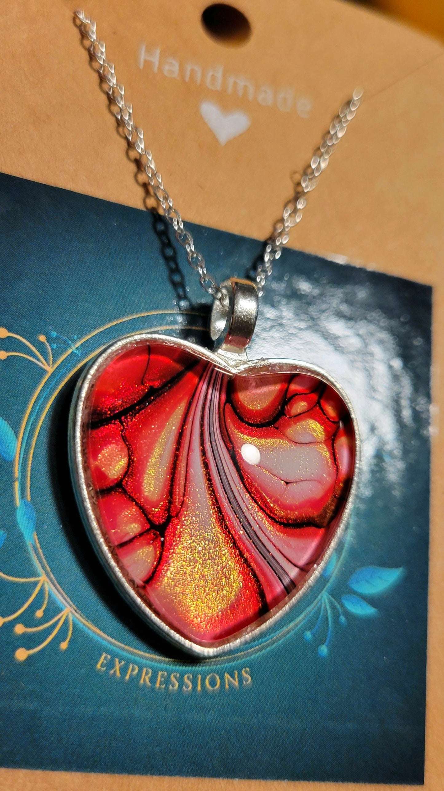 Handmade Fluid Art Heart Pendant with 20 inch Silver chain