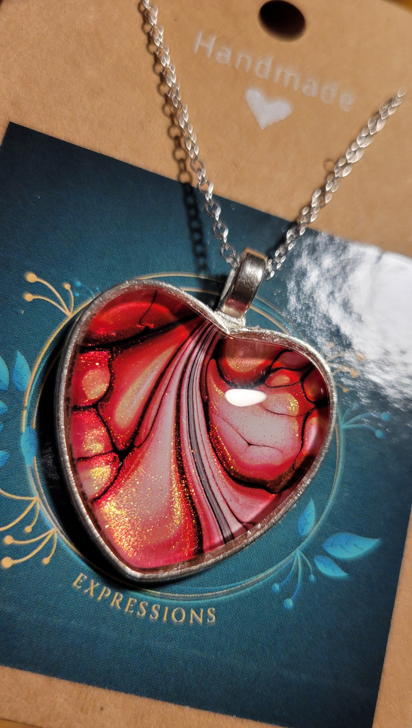 Handmade Fluid Art Heart Pendant with 20 inch Silver chain