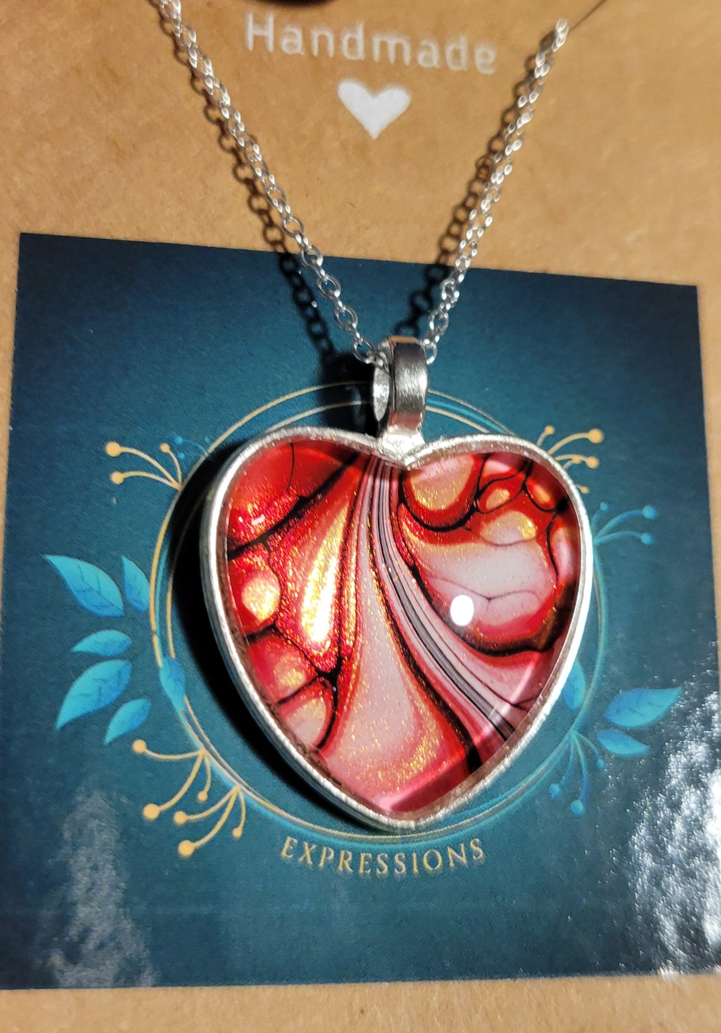 Handmade Fluid Art Heart Pendant with 20 inch Silver chain