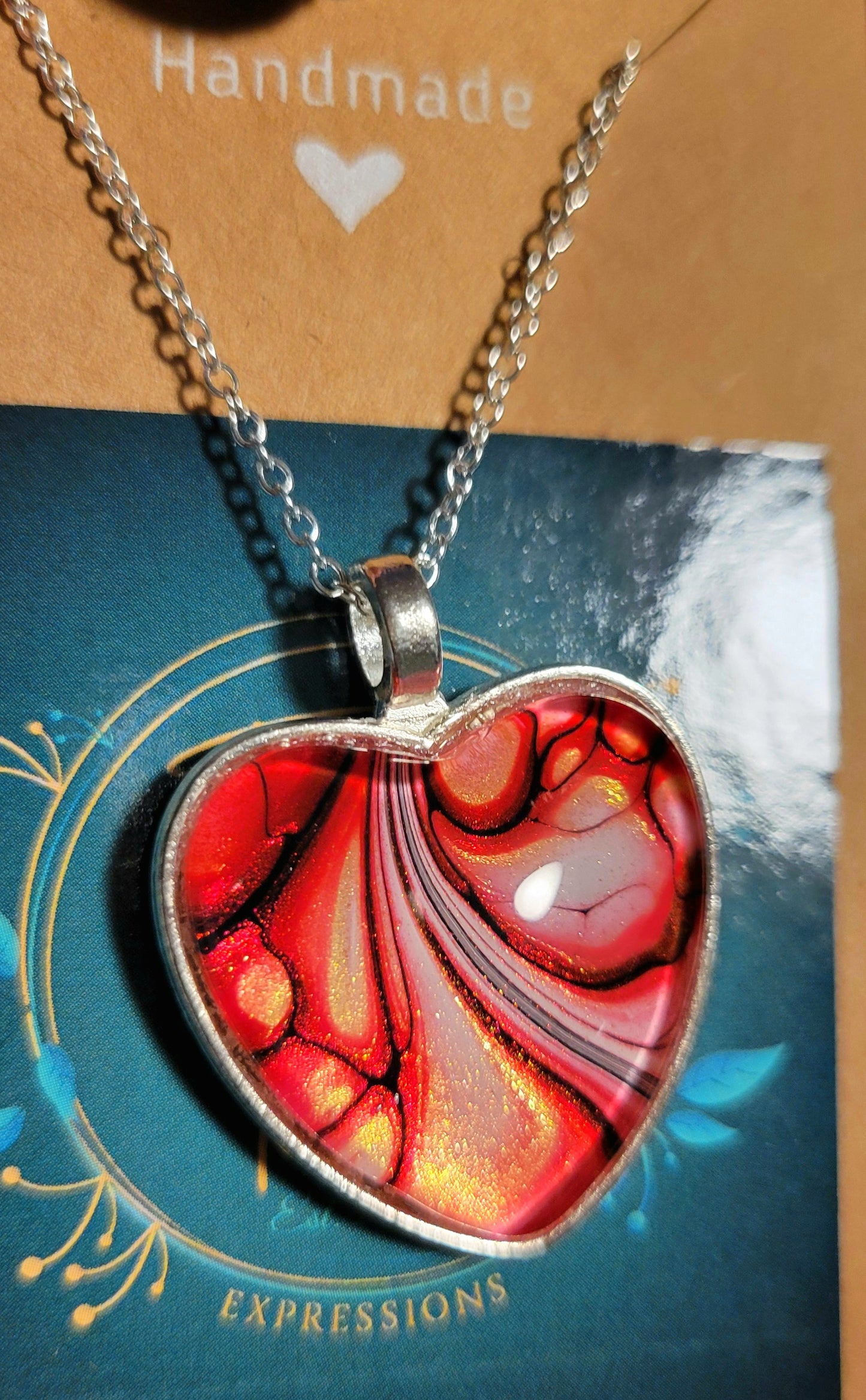 Handmade Fluid Art Heart Pendant with 20 inch Silver chain