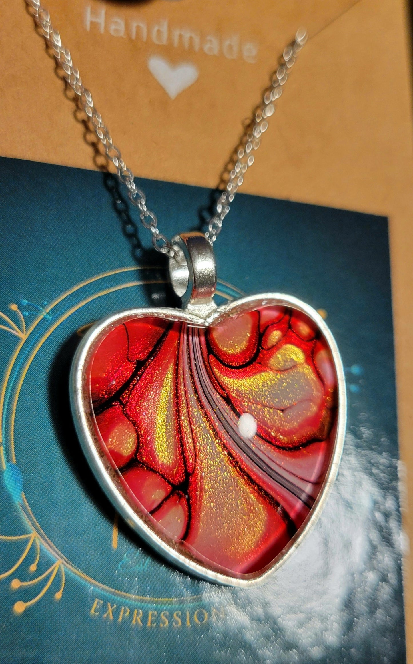 Handmade Fluid Art Heart Pendant with 20 inch Silver chain