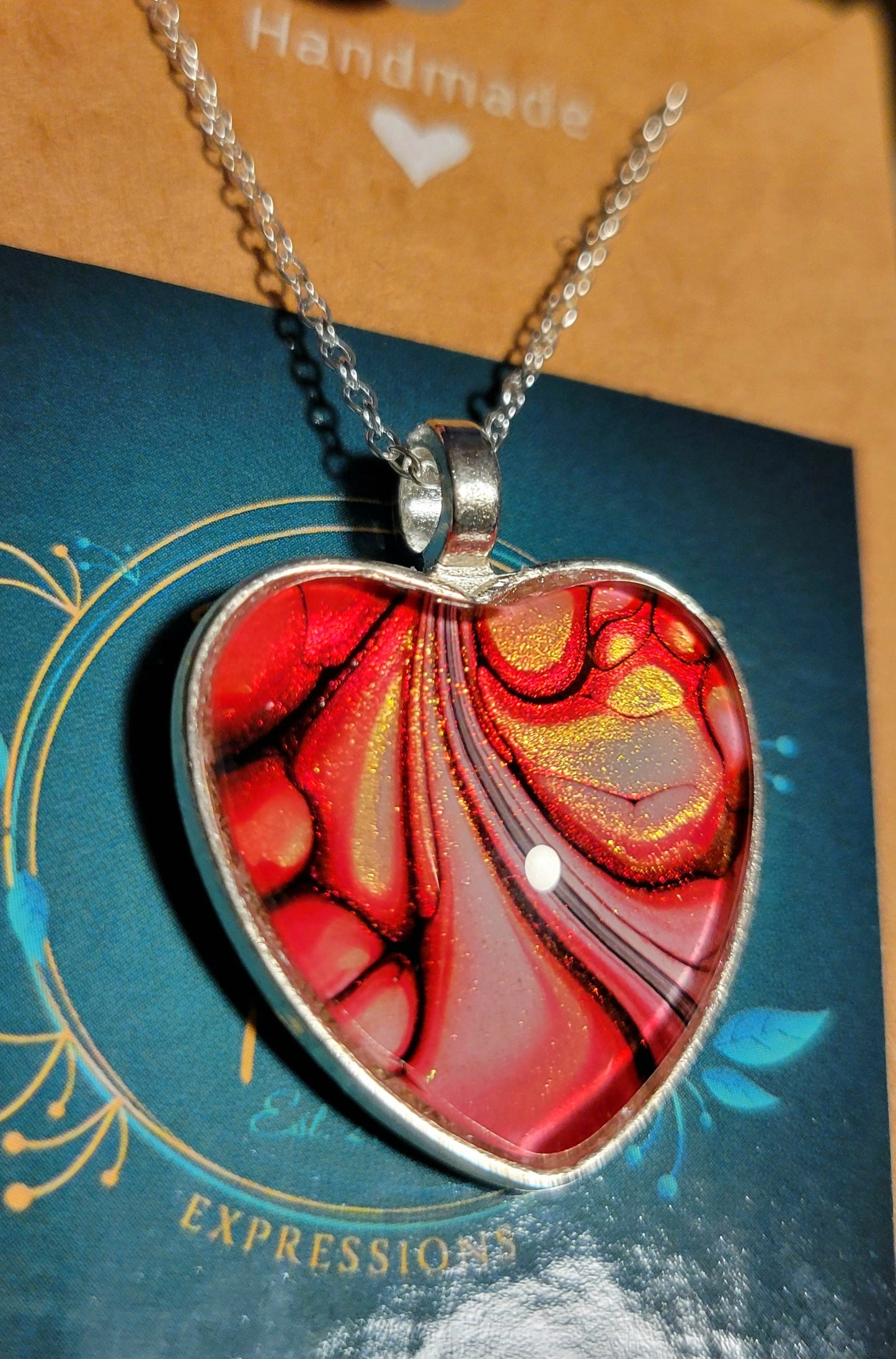 Handmade Fluid Art Heart Pendant with 20 inch Silver chain