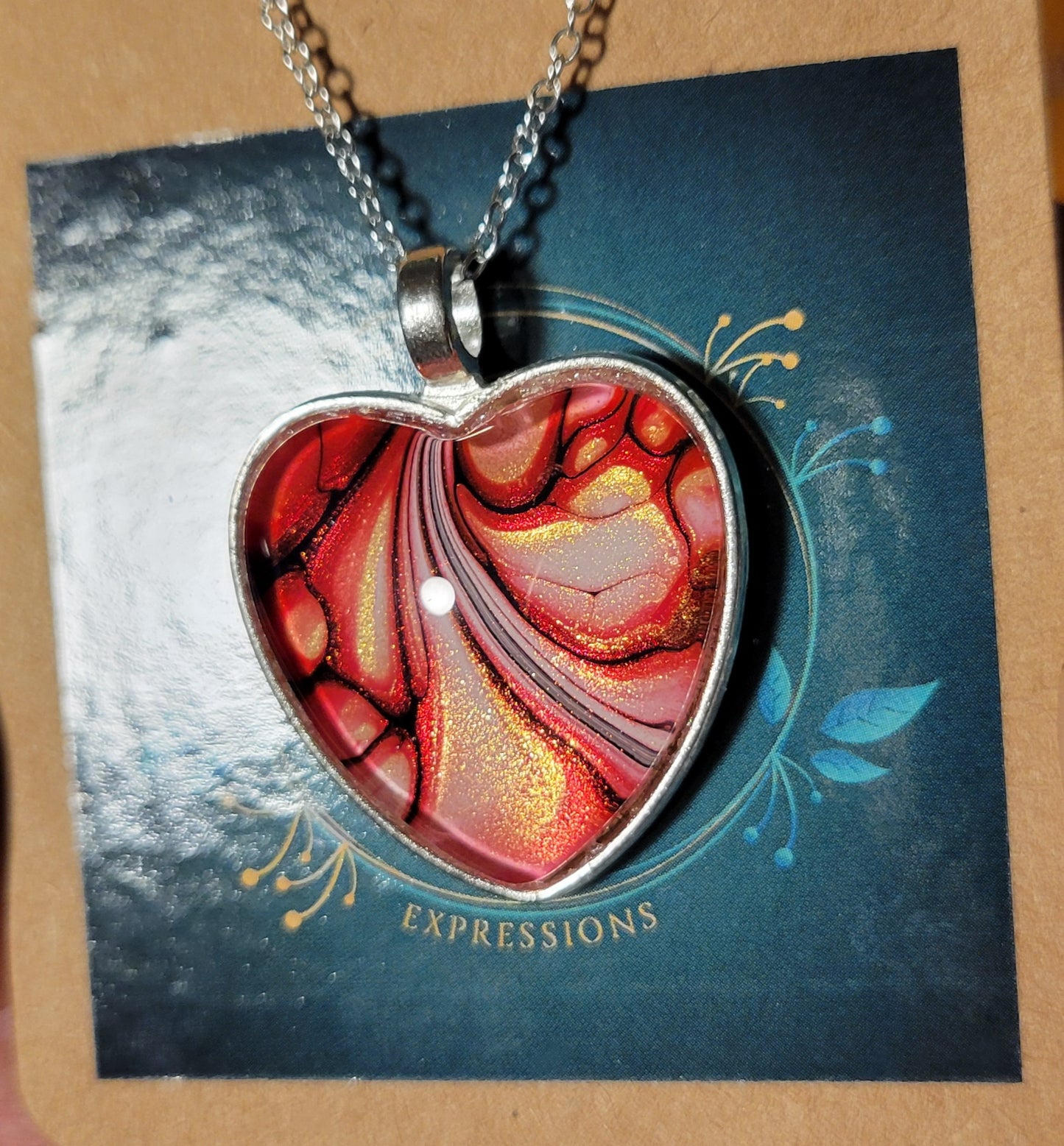 Handmade Fluid Art Heart Pendant with 20 inch Silver chain