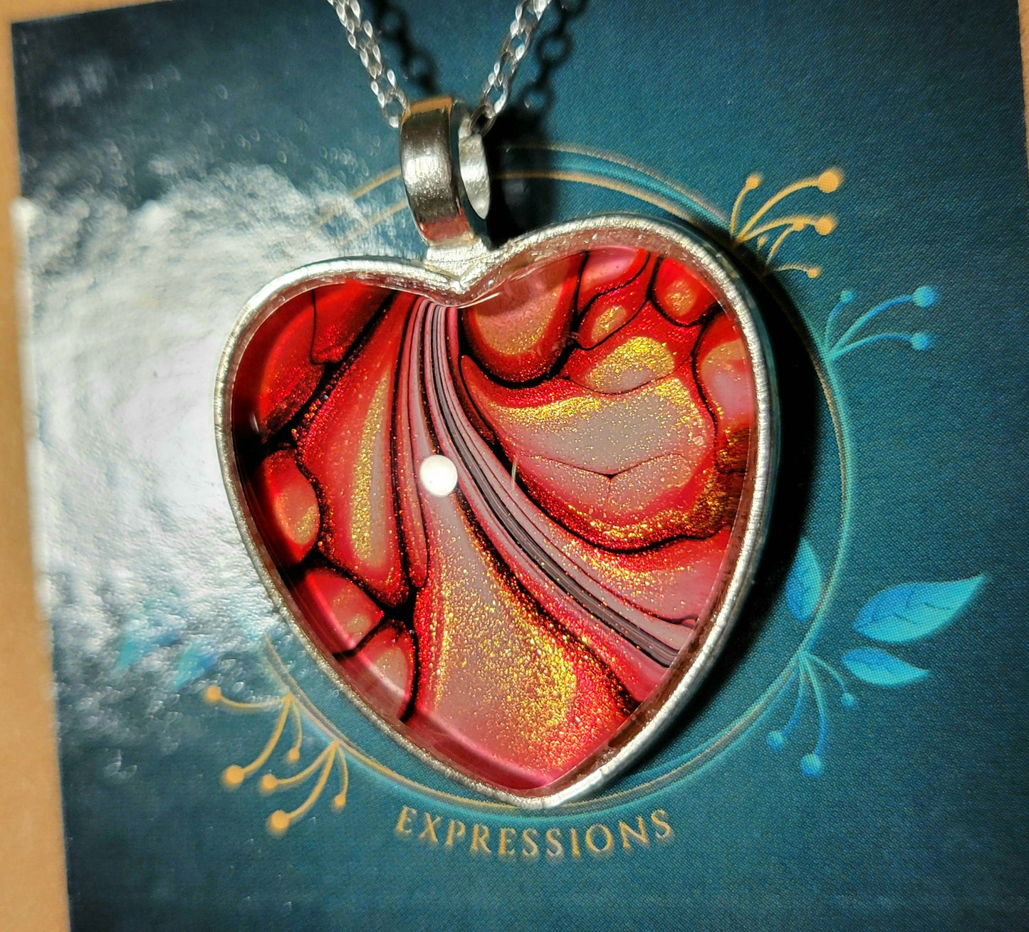 Handmade Fluid Art Heart Pendant with 20 inch Silver chain