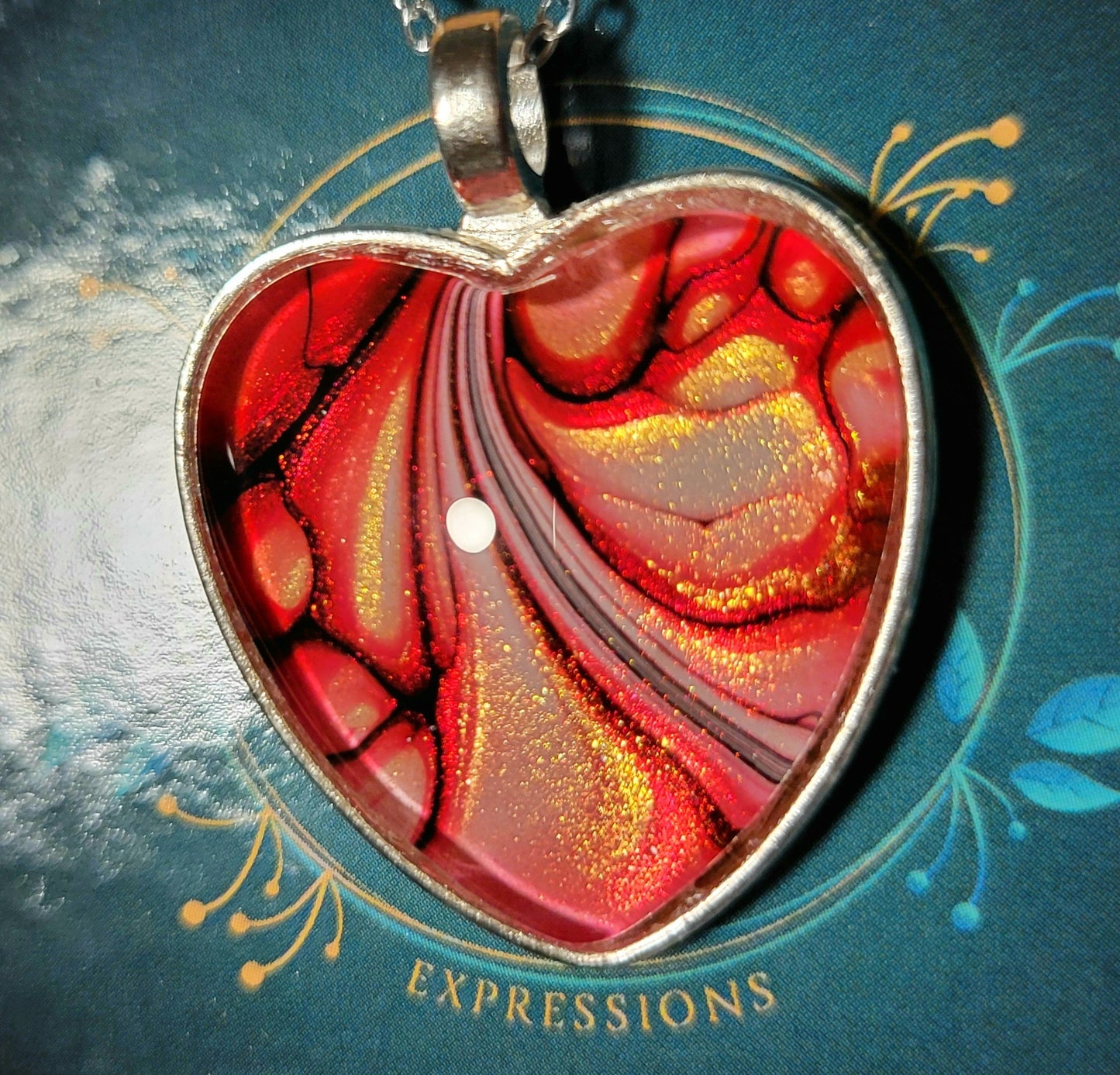 Handmade Fluid Art Heart Pendant with 20 inch Silver chain