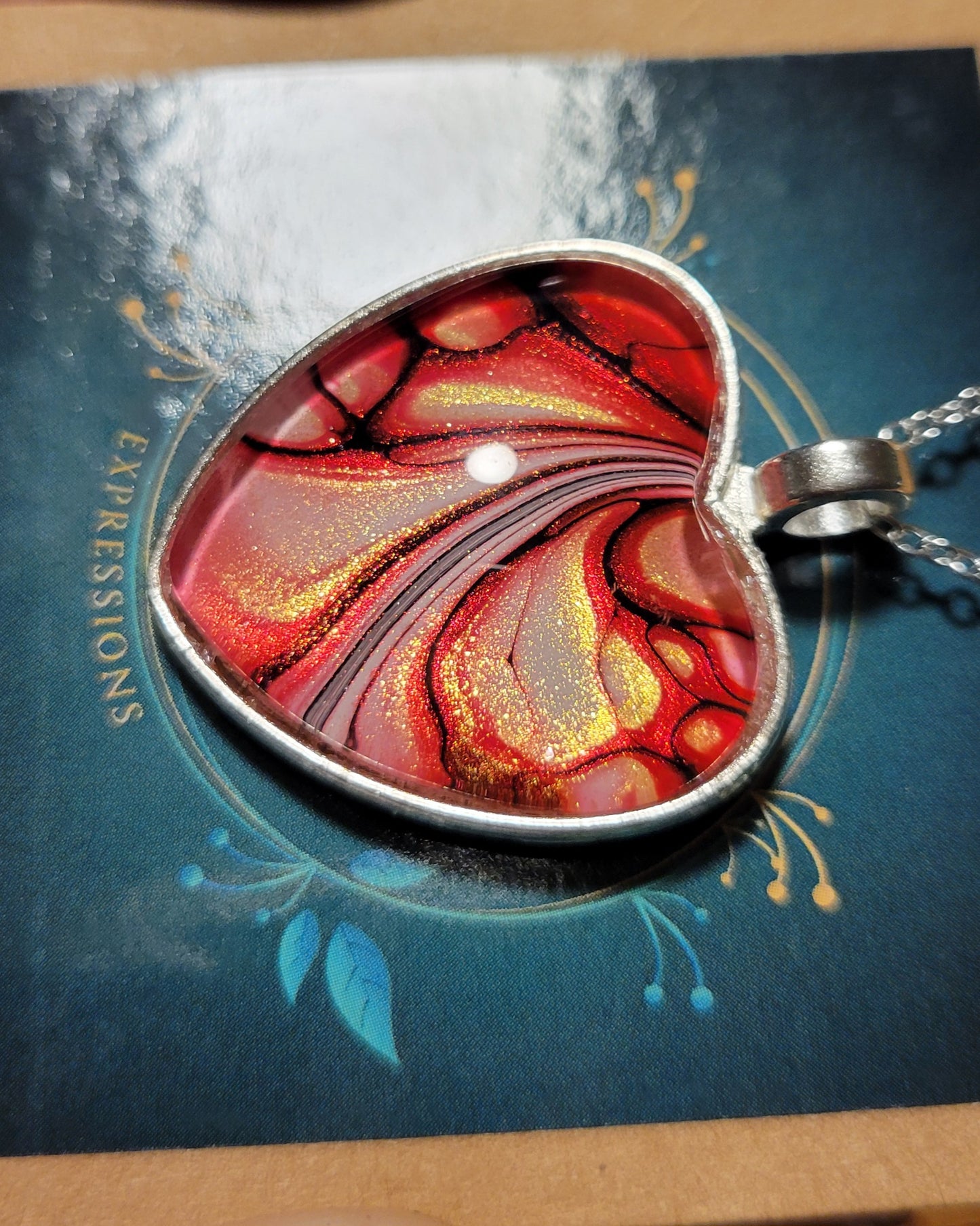 Handmade Fluid Art Heart Pendant with 20 inch Silver chain