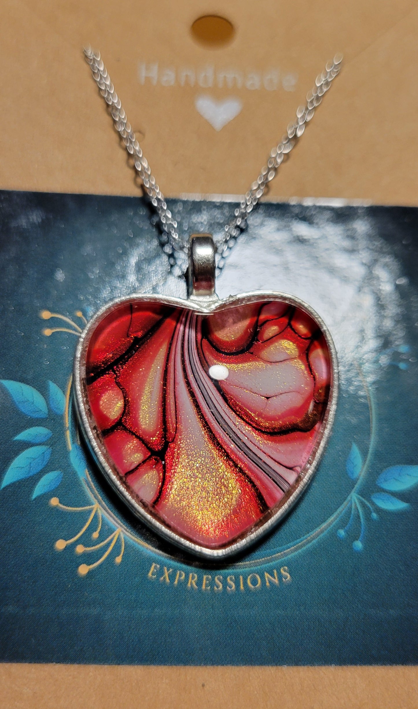 Handmade Fluid Art Heart Pendant with 20 inch Silver chain