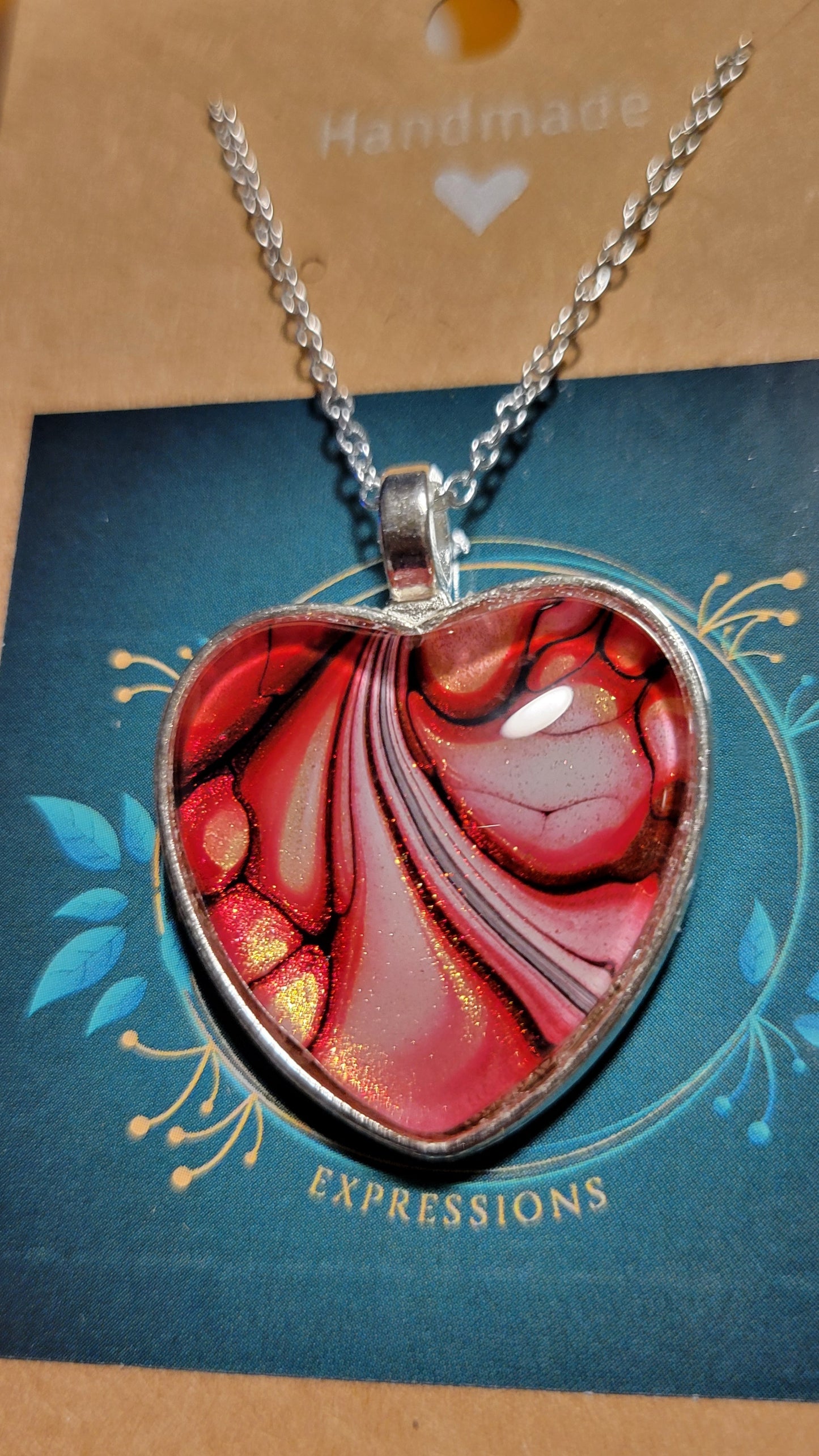 Handmade Fluid Art Heart Pendant with 20 inch Silver chain