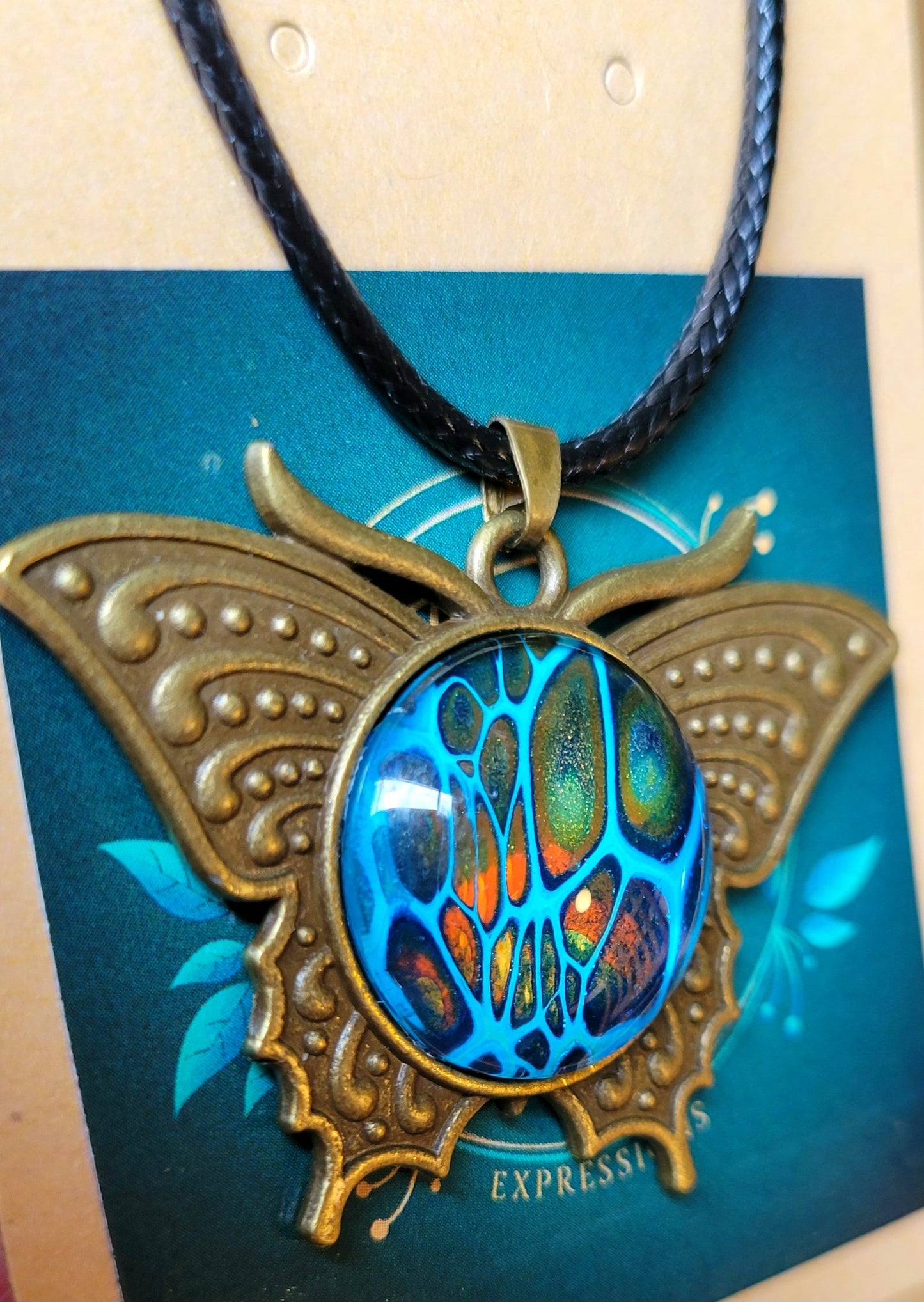 Handmade Fluid Art Butterfly Pendant With Braided Wax Leather Rope Necklace