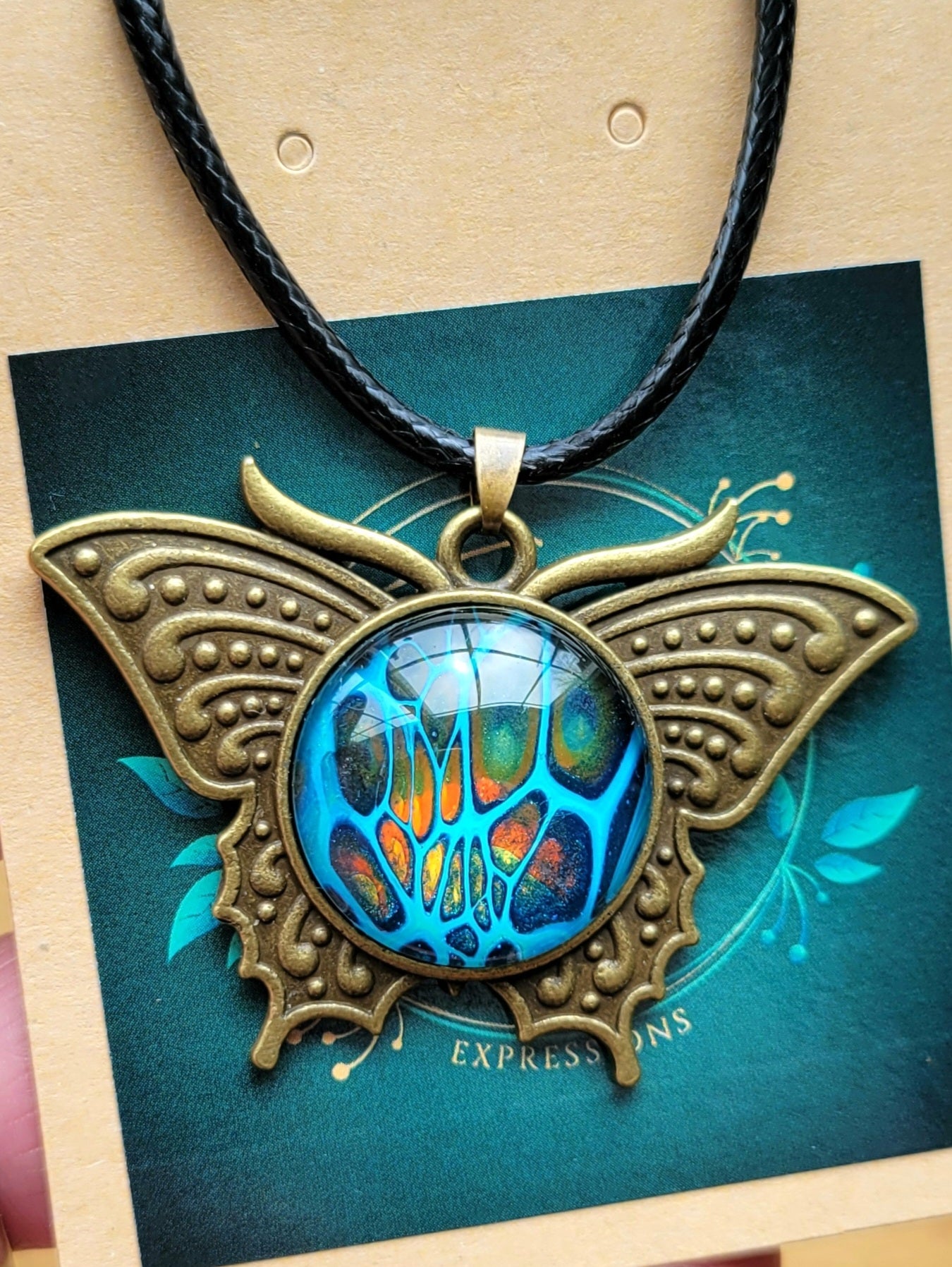 Handmade Fluid Art Butterfly Pendant With Braided Wax Leather Rope Necklace