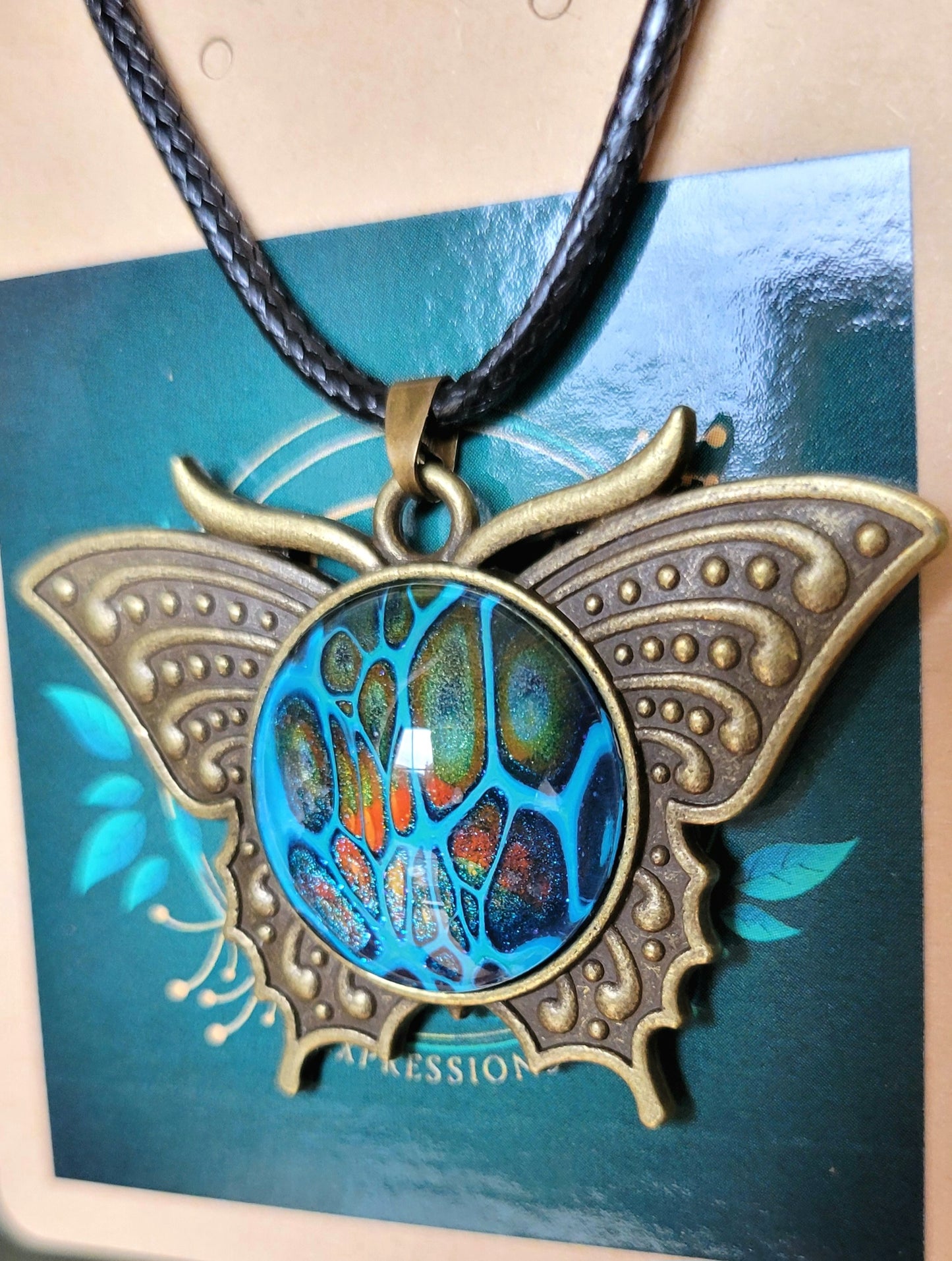 Handmade Fluid Art Butterfly Pendant With Braided Wax Leather Rope Necklace