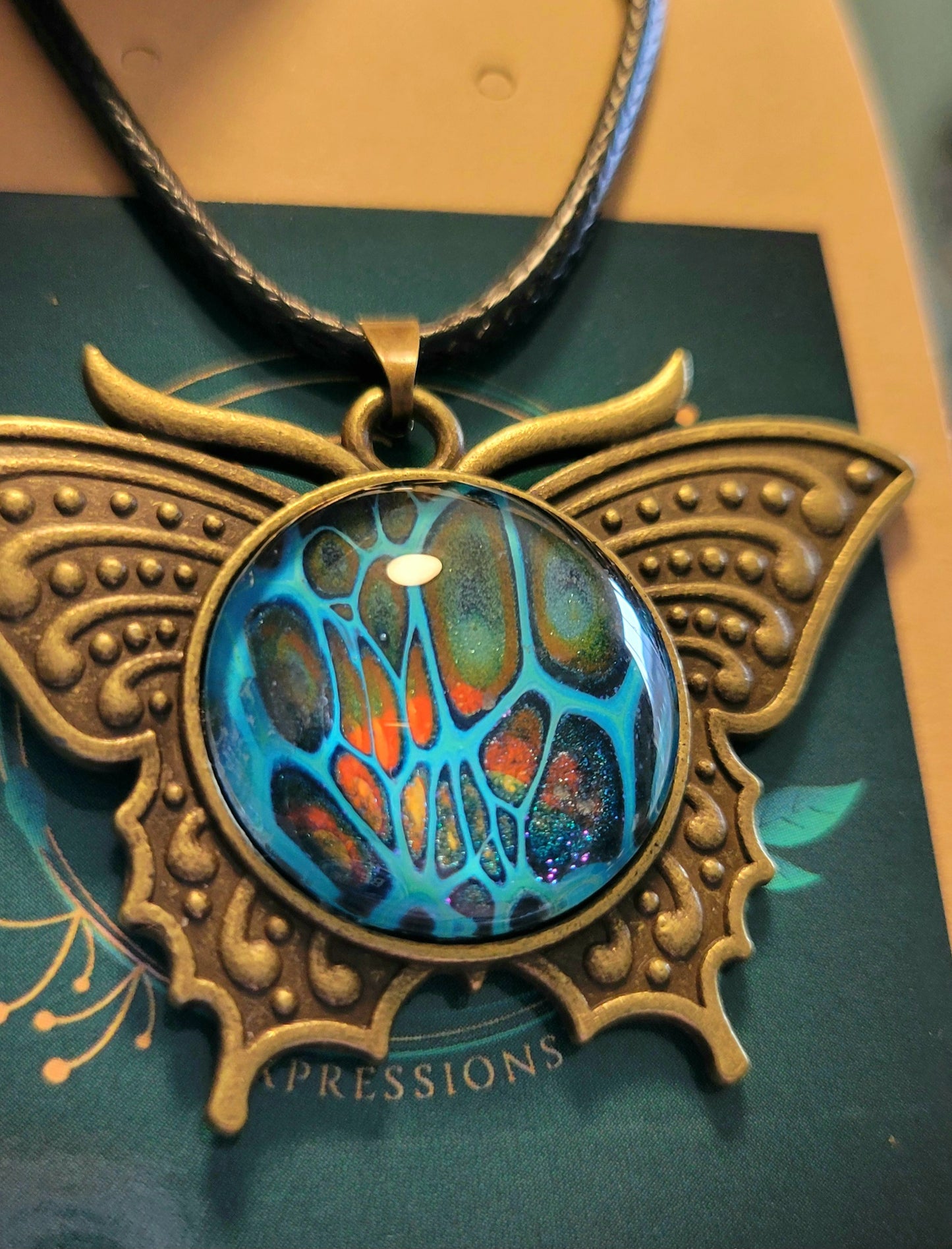 Handmade Fluid Art Butterfly Pendant With Braided Wax Leather Rope Necklace