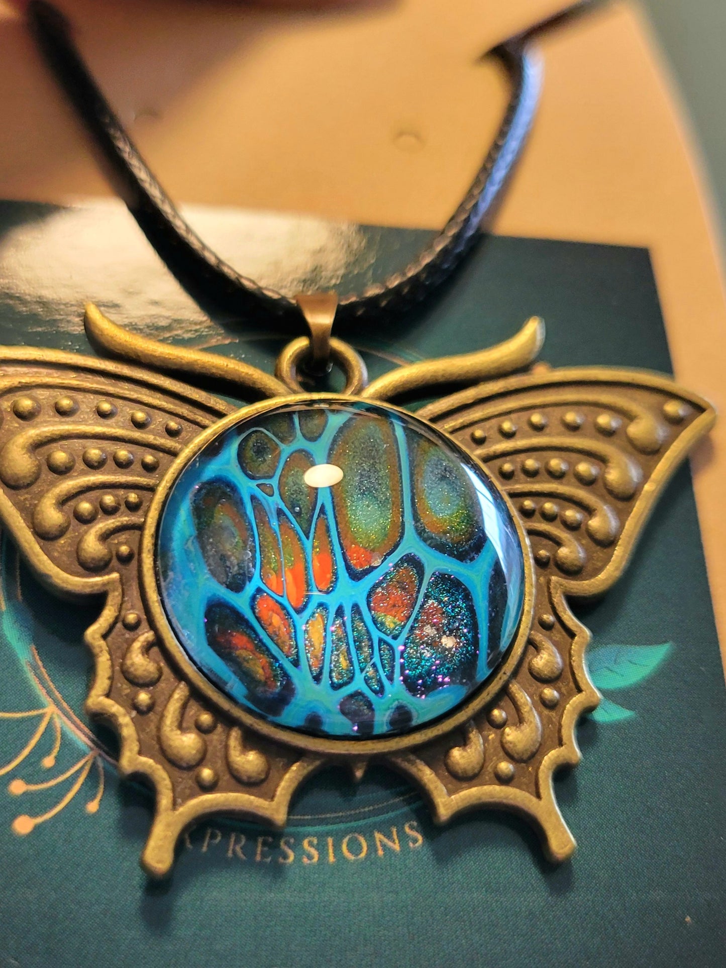 Handmade Fluid Art Butterfly Pendant With Braided Wax Leather Rope Necklace