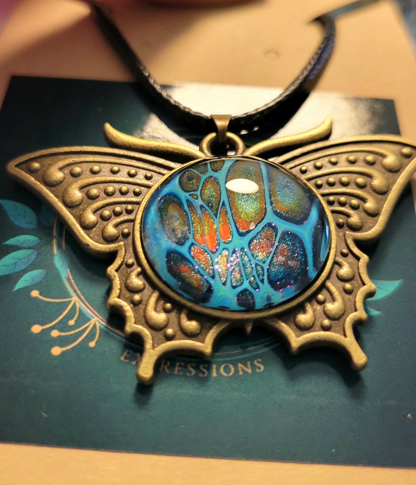 Handmade Fluid Art Butterfly Pendant With Braided Wax Leather Rope Necklace