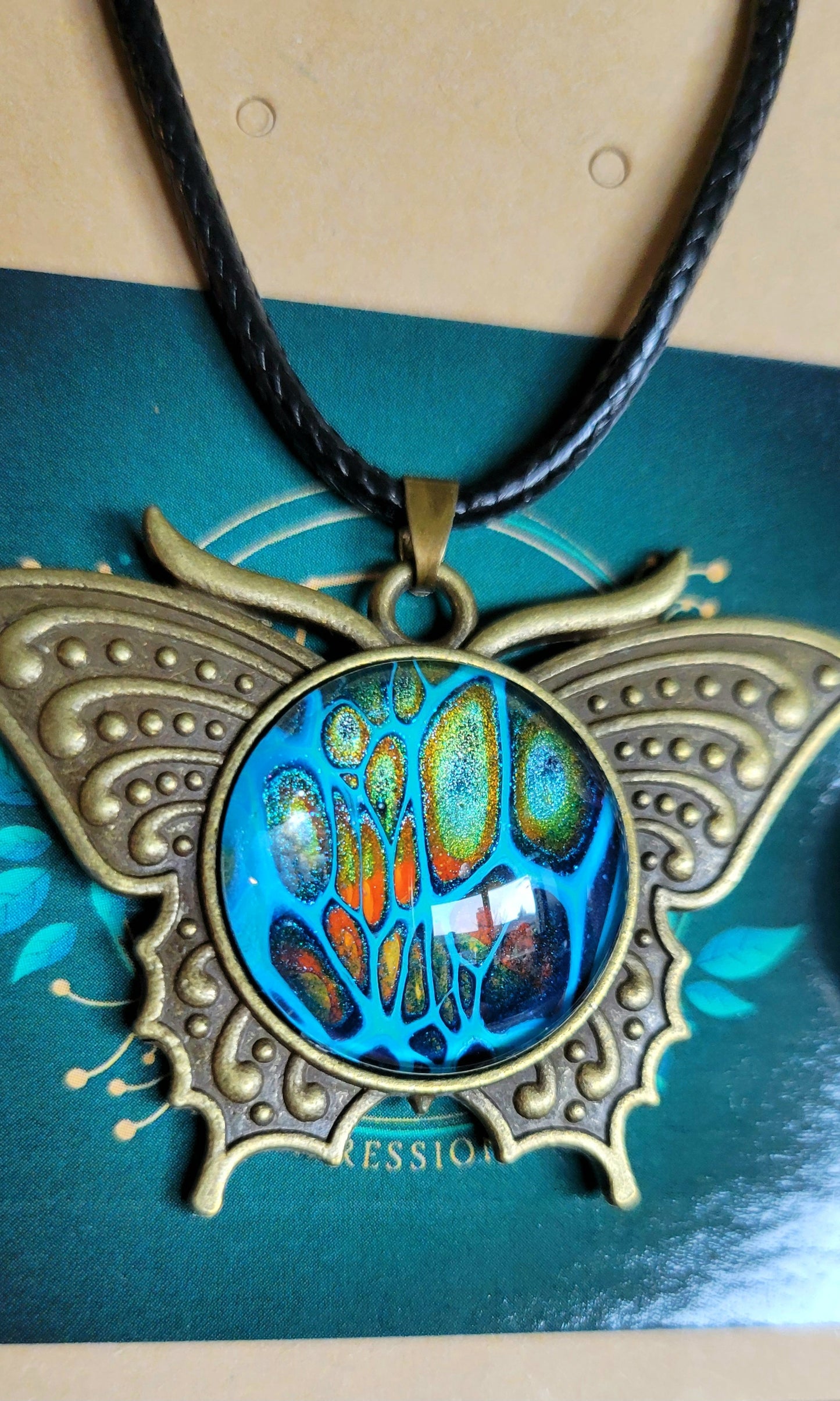 Handmade Fluid Art Butterfly Pendant With Braided Wax Leather Rope Necklace