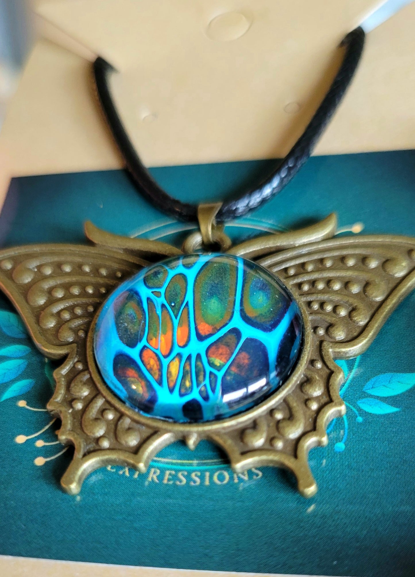 Handmade Fluid Art Butterfly Pendant With Braided Wax Leather Rope Necklace