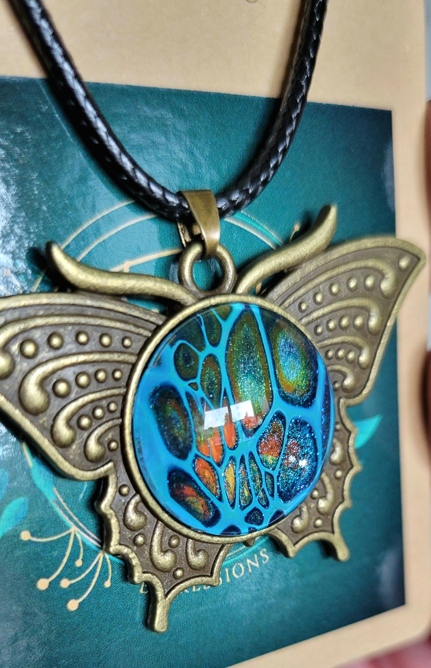 Handmade Fluid Art Butterfly Pendant With Braided Wax Leather Rope Necklace