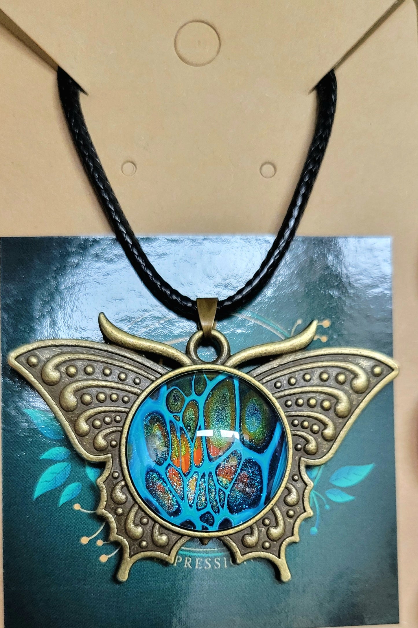 Handmade Fluid Art Butterfly Pendant With Braided Wax Leather Rope Necklace