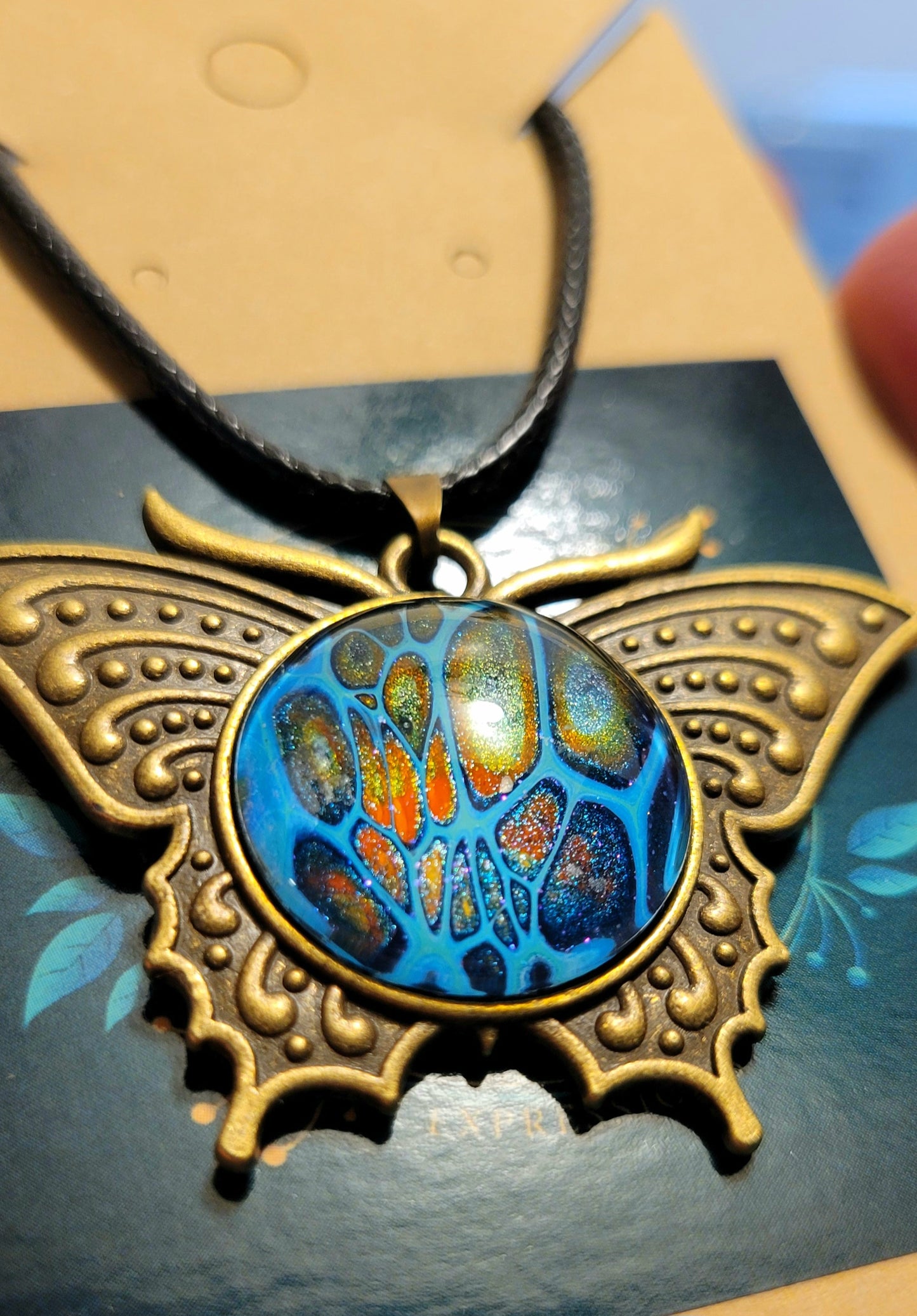 Handmade Fluid Art Butterfly Pendant With Braided Wax Leather Rope Necklace