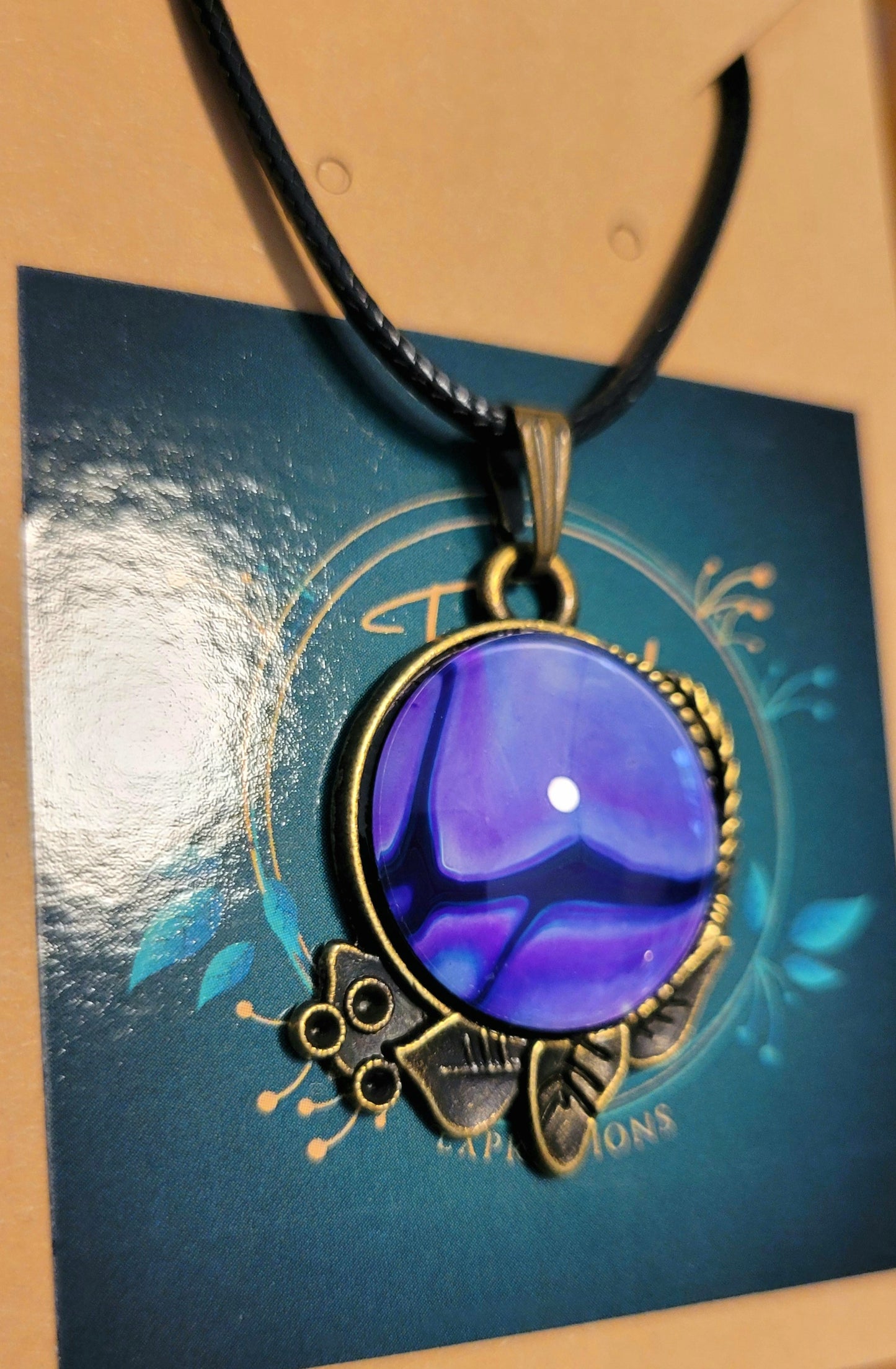 Handmade Fluid Art Decorative Pendant with Wax Leather Rope Necklace