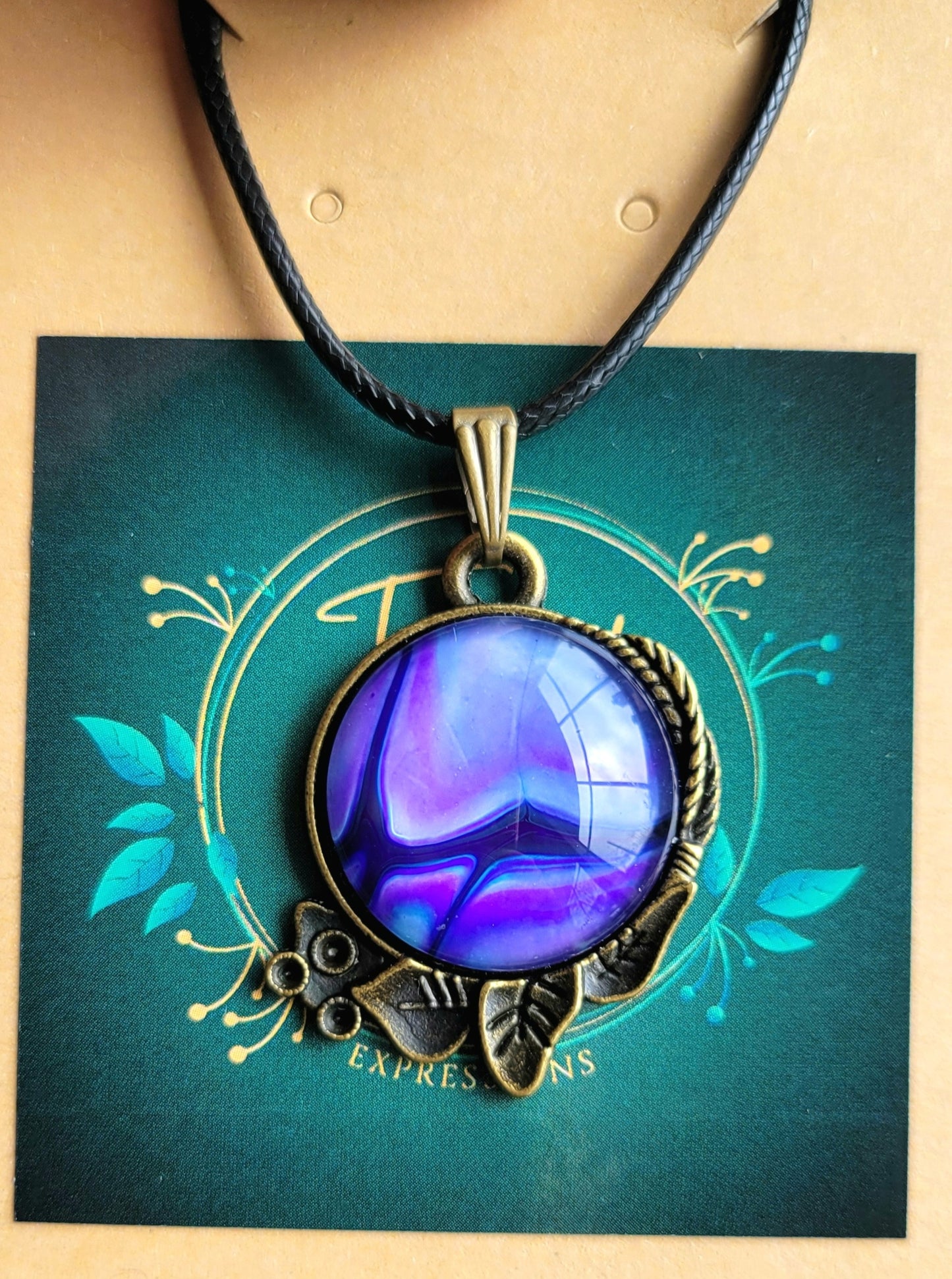 Handmade Fluid Art Decorative Pendant with Wax Leather Rope Necklace