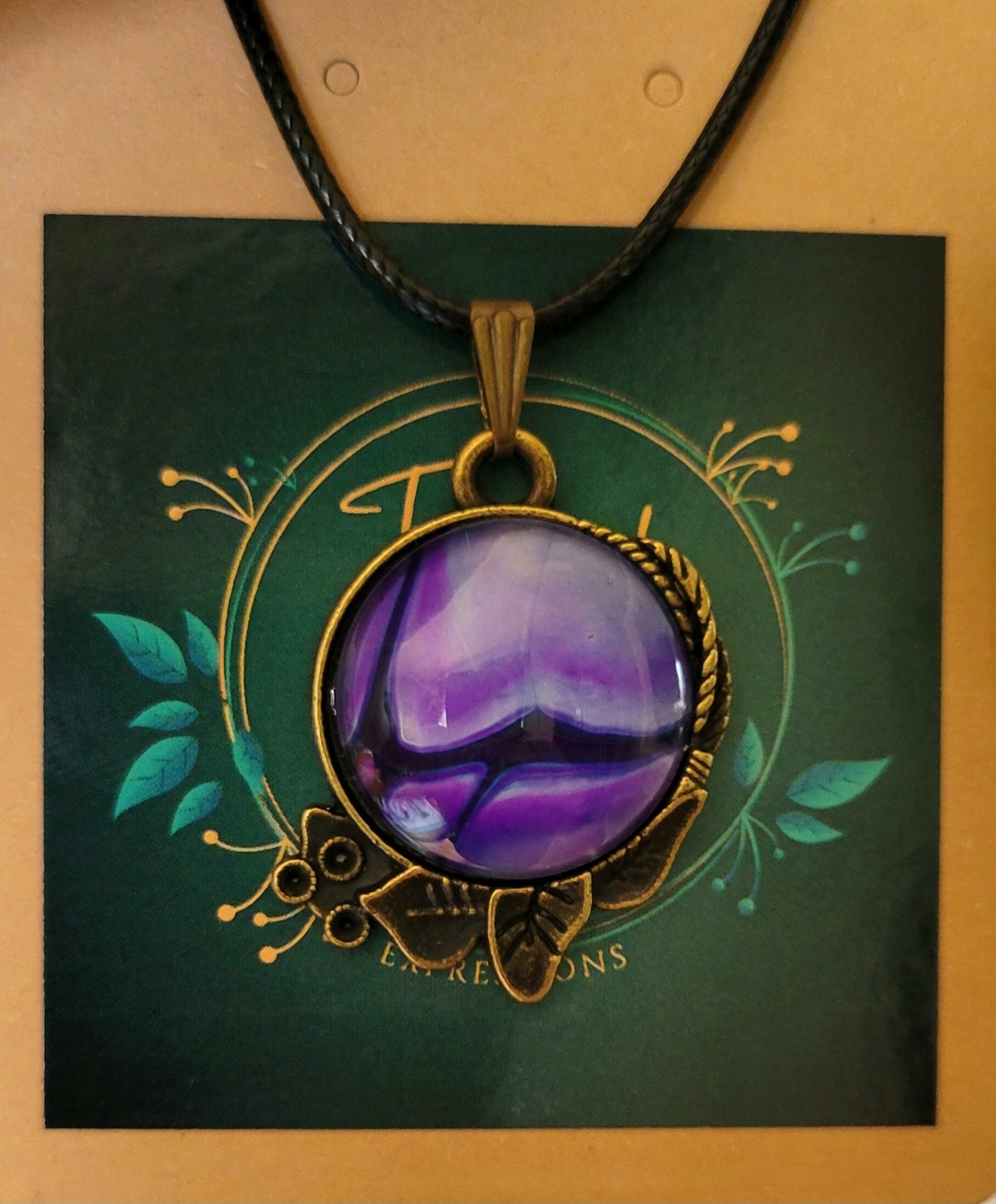 Handmade Fluid Art Decorative Pendant with Wax Leather Rope Necklace