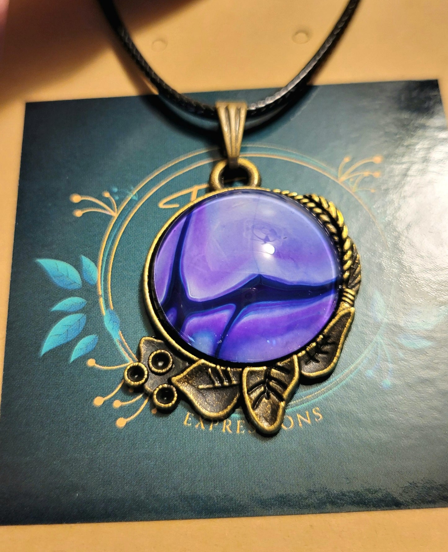 Handmade Fluid Art Decorative Pendant with Wax Leather Rope Necklace