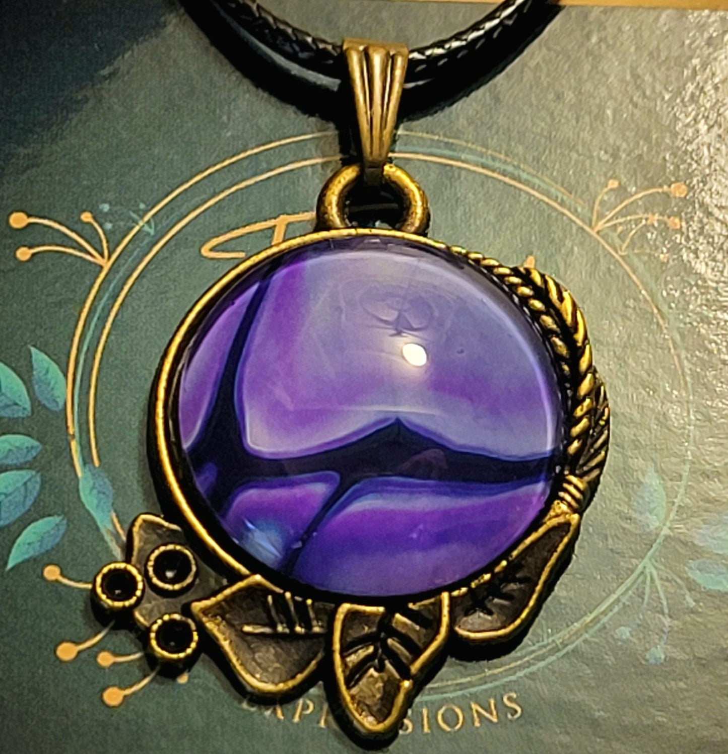 Handmade Fluid Art Decorative Pendant with Wax Leather Rope Necklace