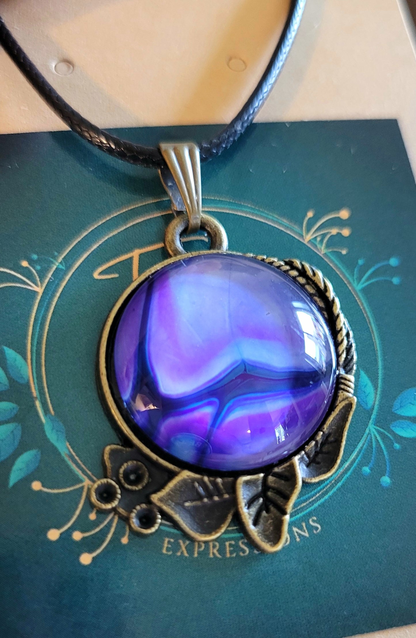 Handmade Fluid Art Decorative Pendant with Wax Leather Rope Necklace