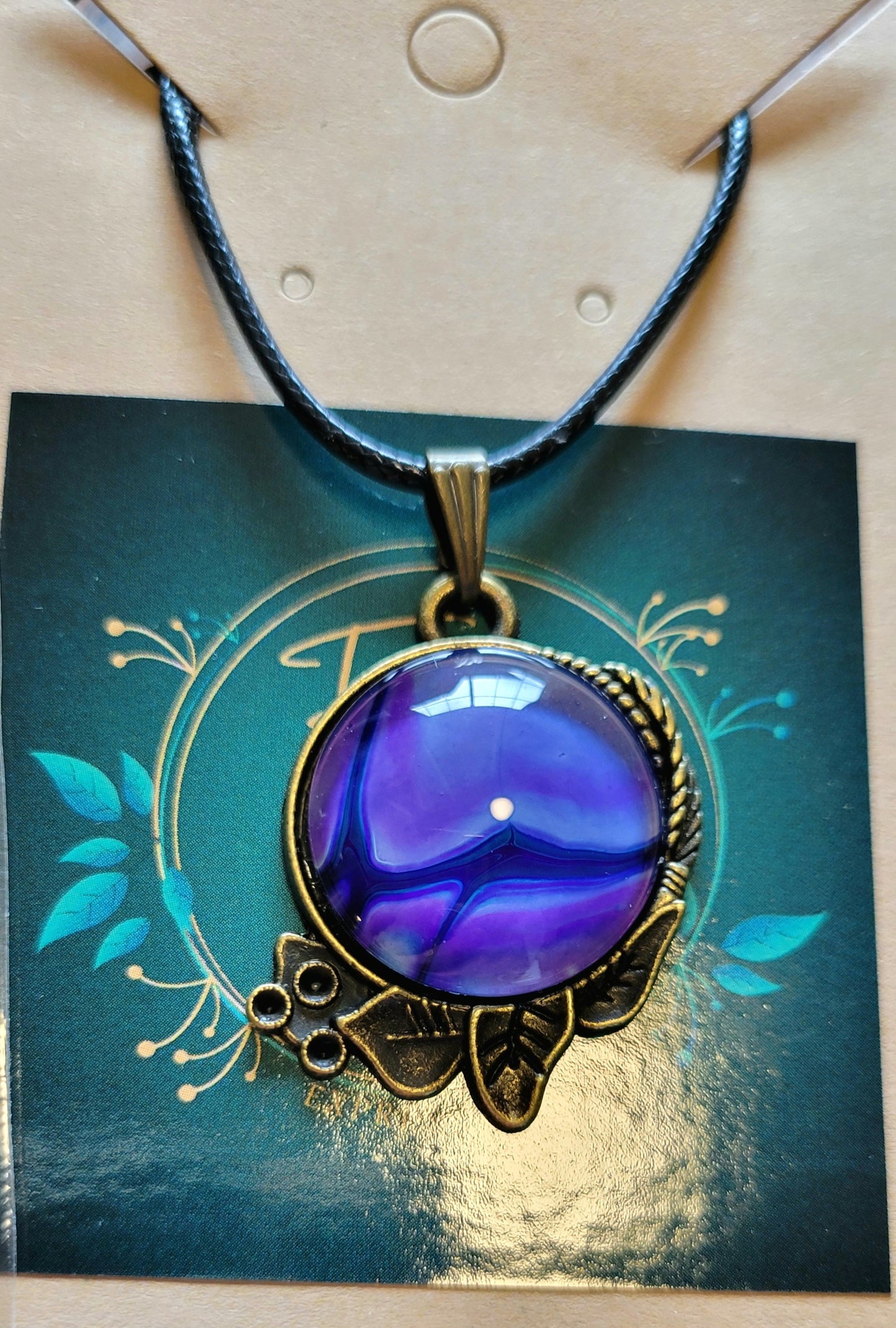 Handmade Fluid Art Decorative Pendant with Wax Leather Rope Necklace