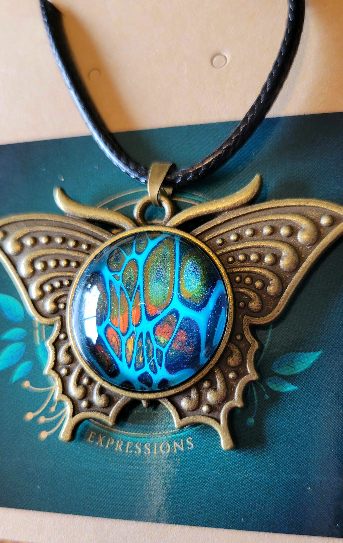 Handmade Fluid Art Butterfly Pendant With Braided Wax Leather Rope Necklace