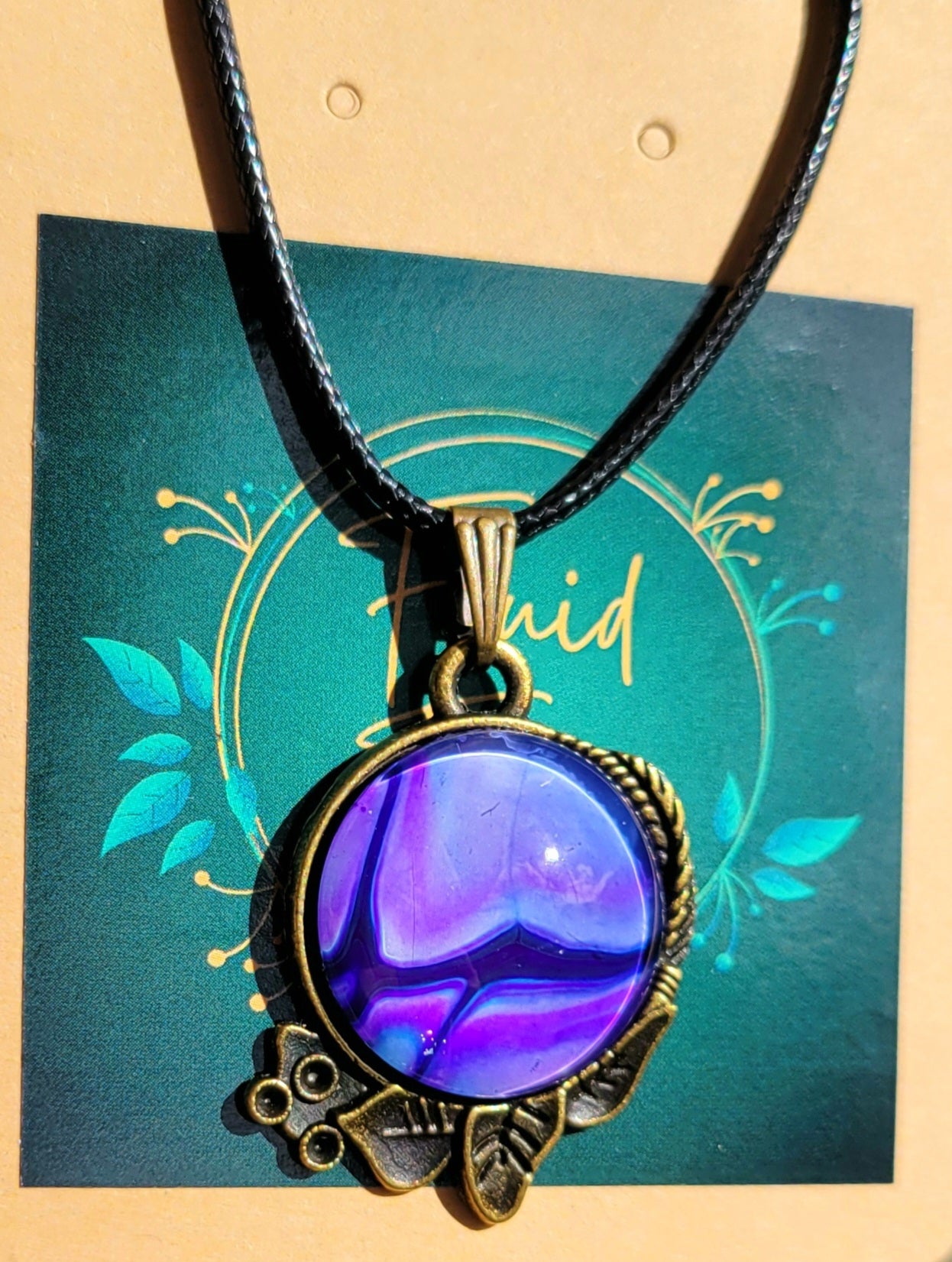 Handmade Fluid Art Decorative Pendant with Wax Leather Rope Necklace