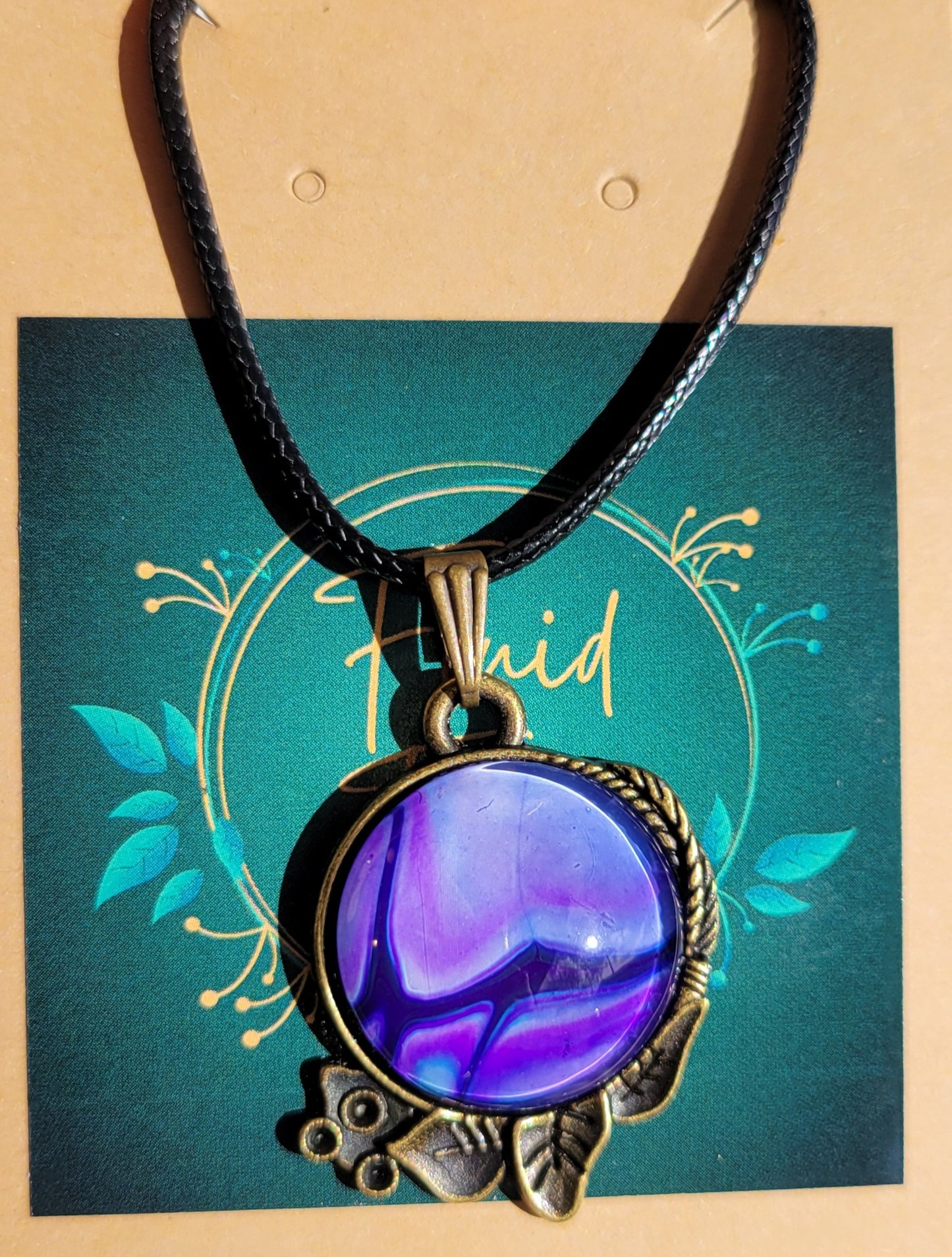 Handmade Fluid Art Decorative Pendant with Wax Leather Rope Necklace