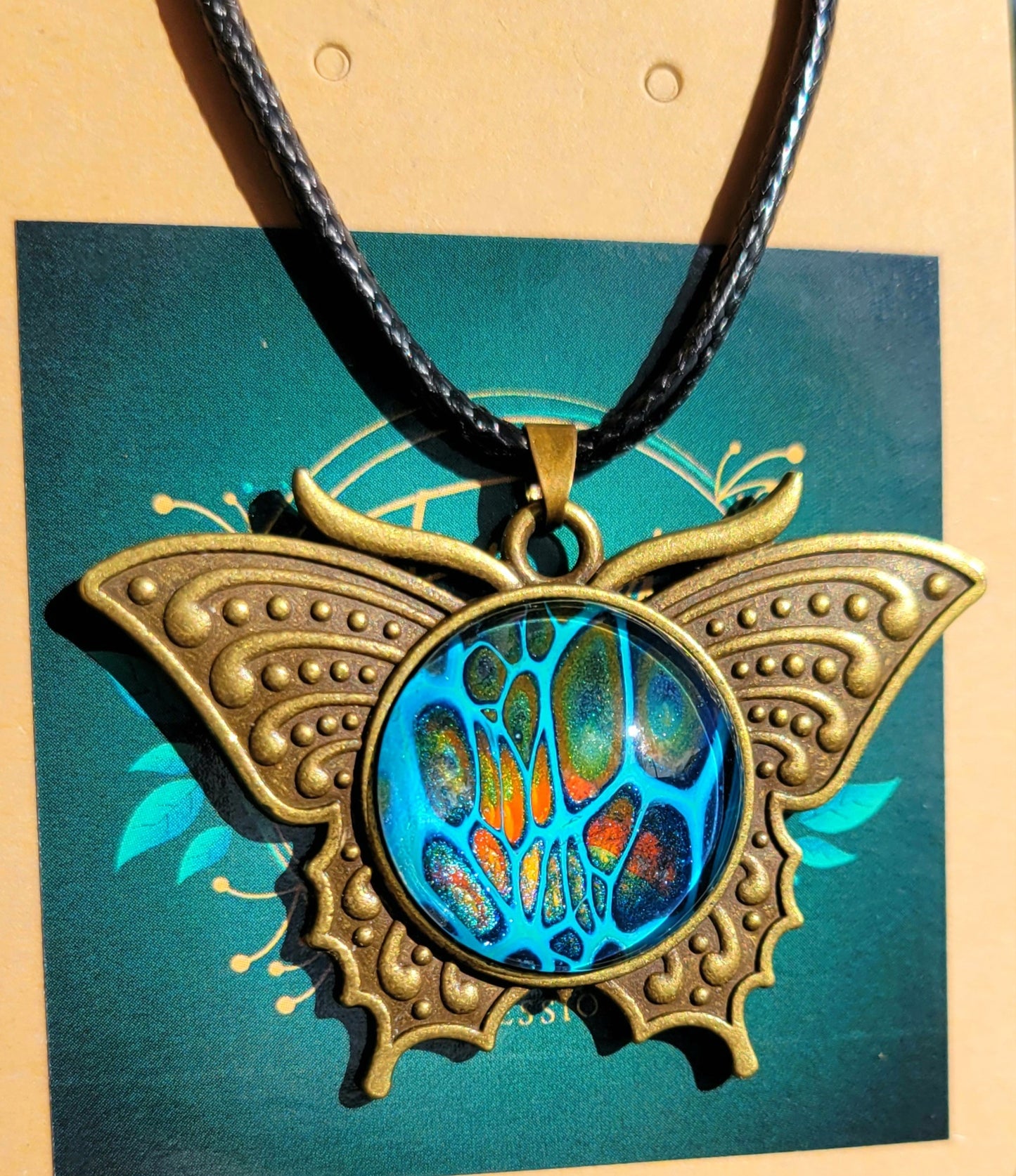 Handmade Fluid Art Butterfly Pendant With Braided Wax Leather Rope Necklace