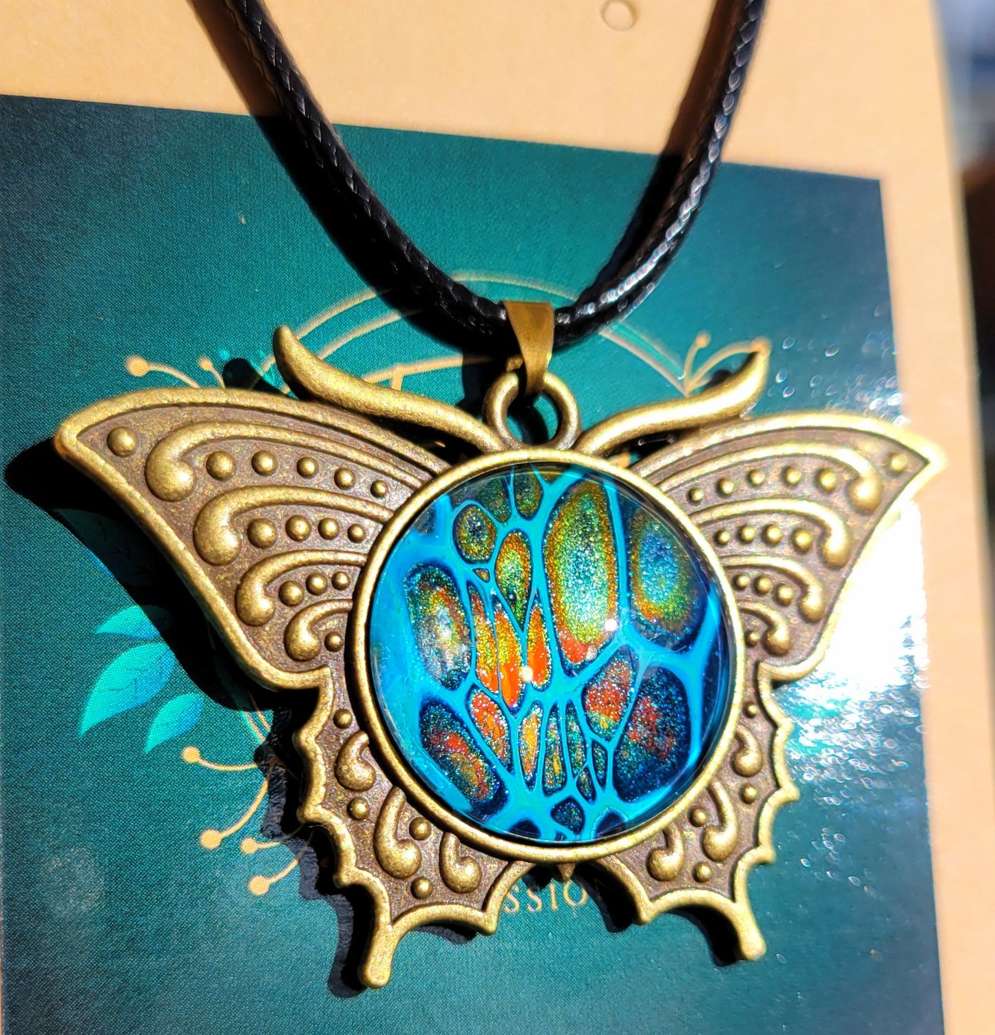 Handmade Fluid Art Butterfly Pendant With Braided Wax Leather Rope Necklace