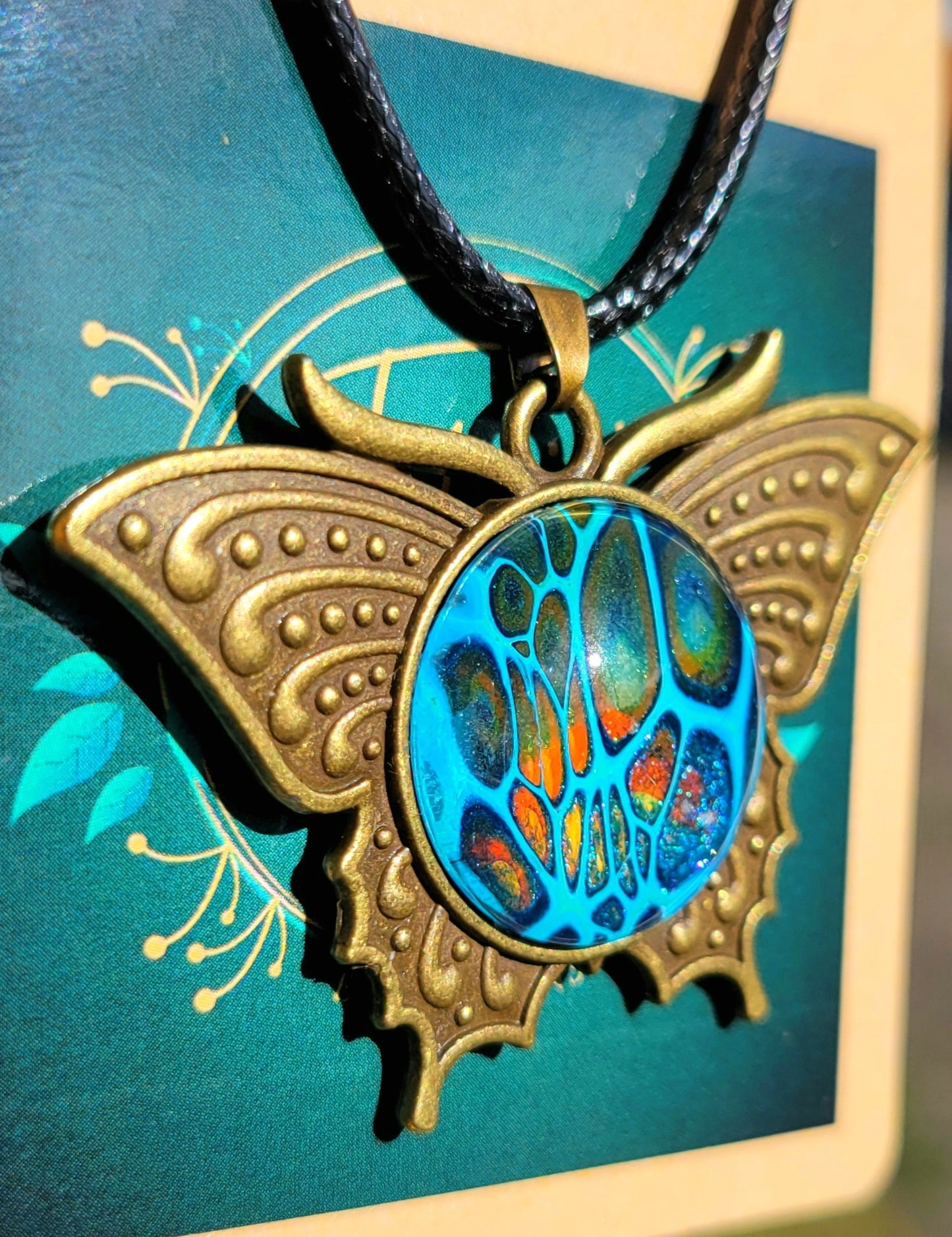 Handmade Fluid Art Butterfly Pendant With Braided Wax Leather Rope Necklace