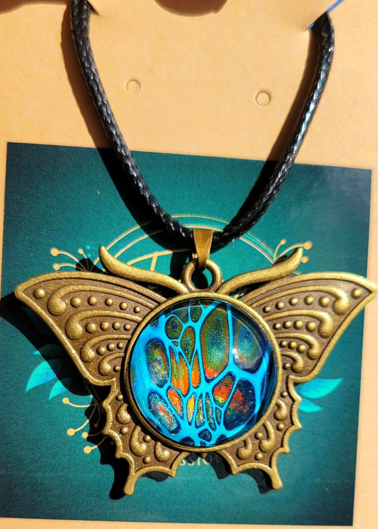 Handmade Fluid Art Butterfly Pendant With Braided Wax Leather Rope Necklace