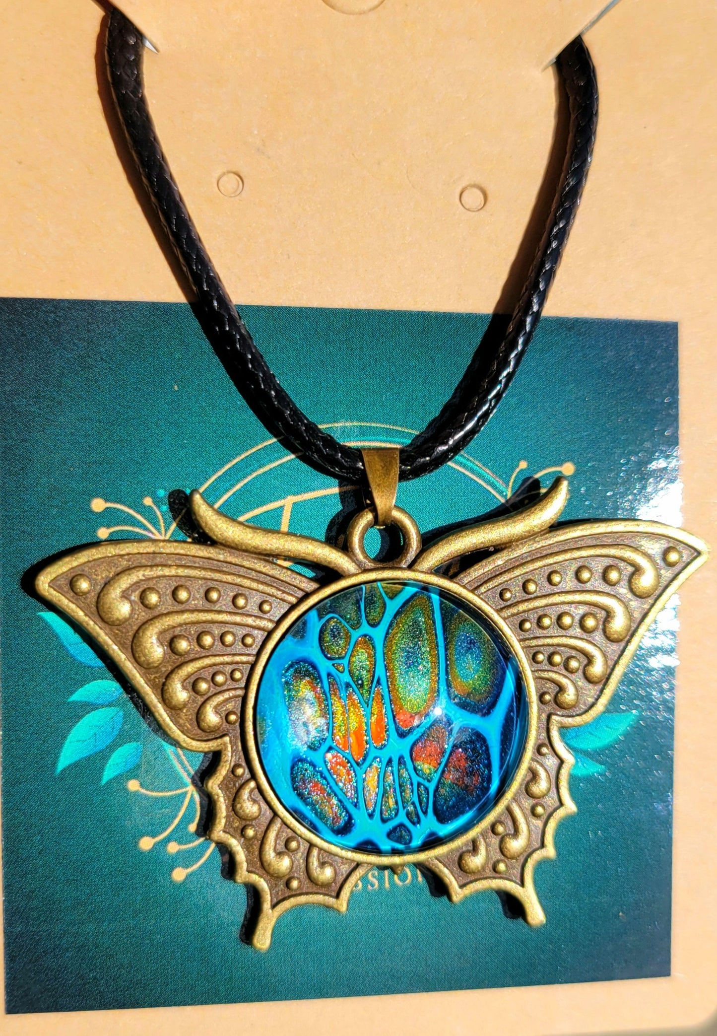 Handmade Fluid Art Butterfly Pendant With Braided Wax Leather Rope Necklace