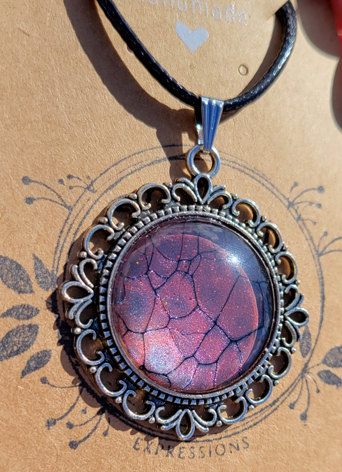 Handmade Fluid Art Colorshifting Decorative Pendant on a Braided Wax Leather Rope Necklace