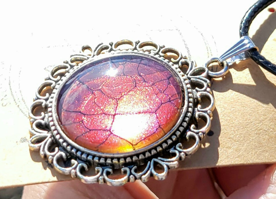 Handmade Fluid Art Colorshifting Decorative Pendant on a Braided Wax Leather Rope Necklace