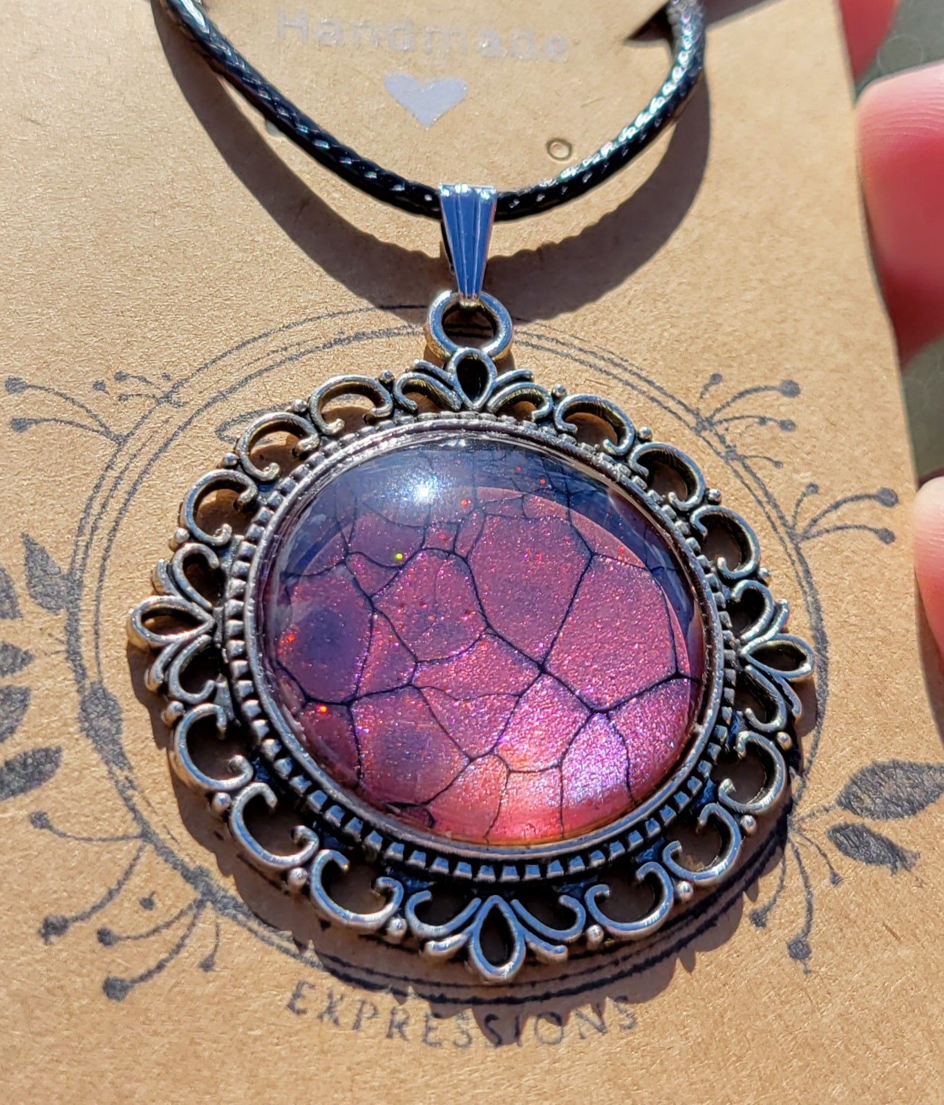 Handmade Fluid Art Colorshifting Decorative Pendant on a Braided Wax Leather Rope Necklace