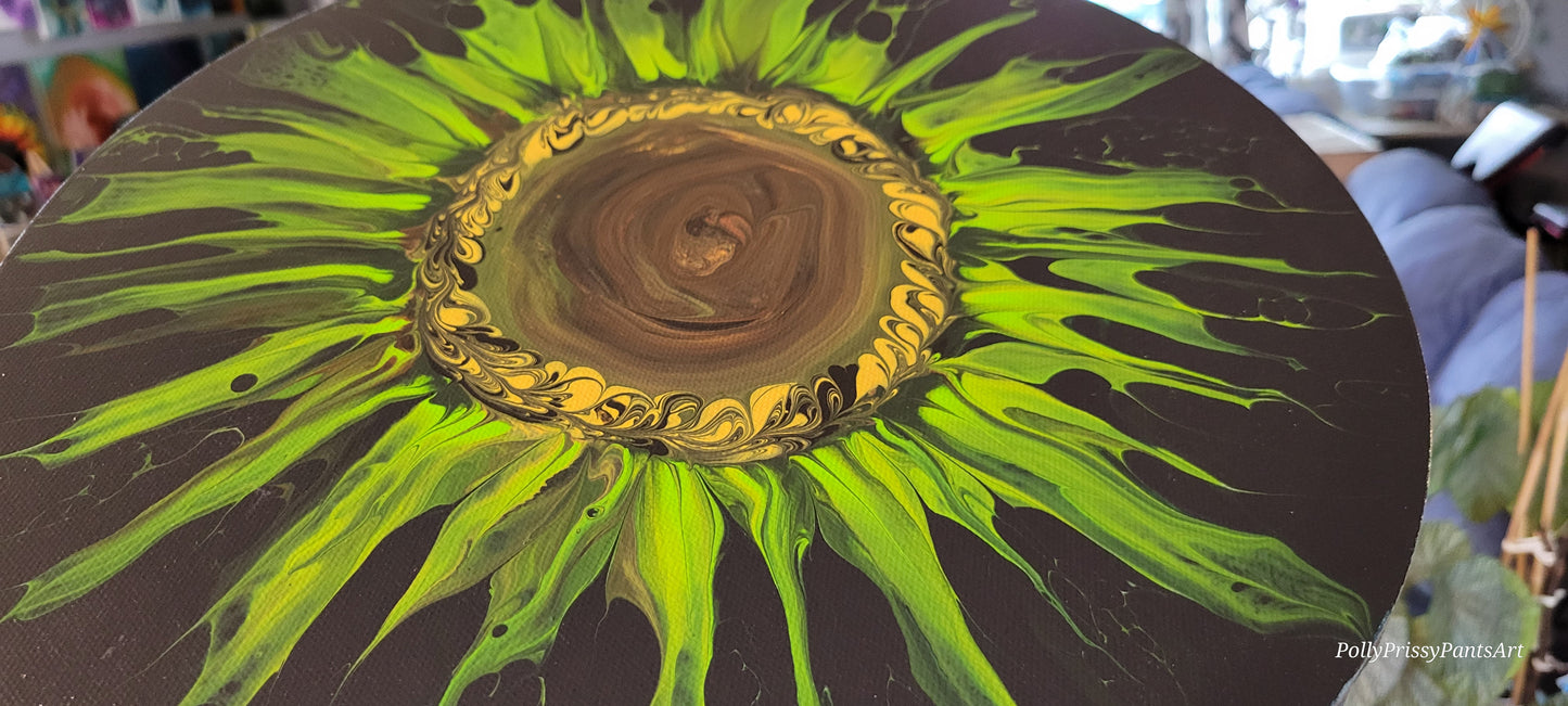 Original Fluid Art Abstract Sunflower Painting 14x14 inch round on canvas