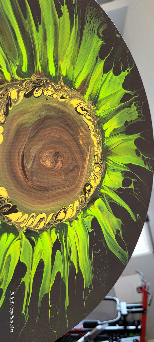 Original Fluid Art Abstract Sunflower Painting 14x14 inch round on canvas