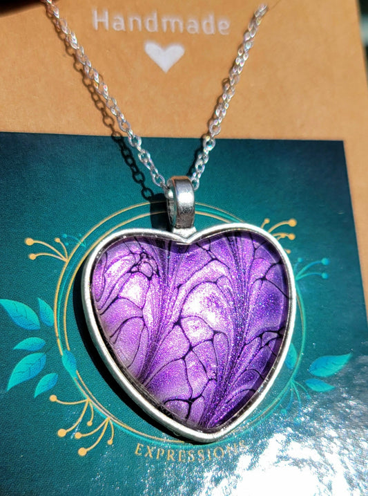 Handmade Fluid Art Colorshifting Heart Pendant with Silver Plated Necklace