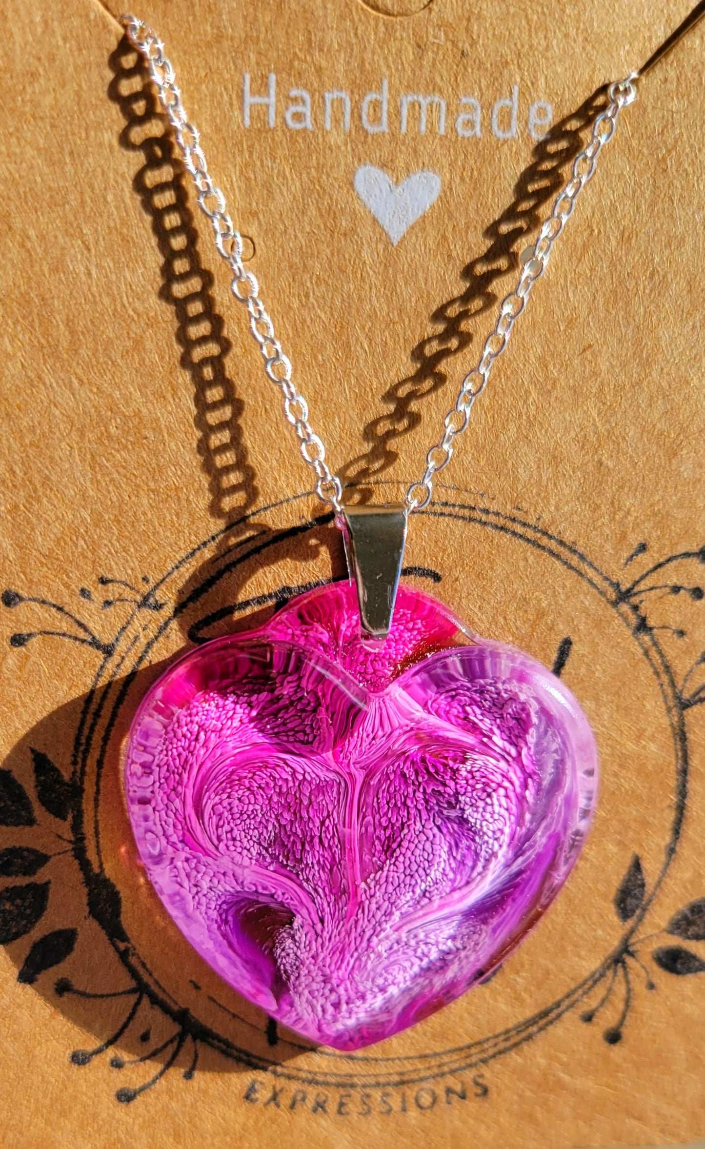 Handmade Resin Art Heart Pendant with Silver Plated Necklace.